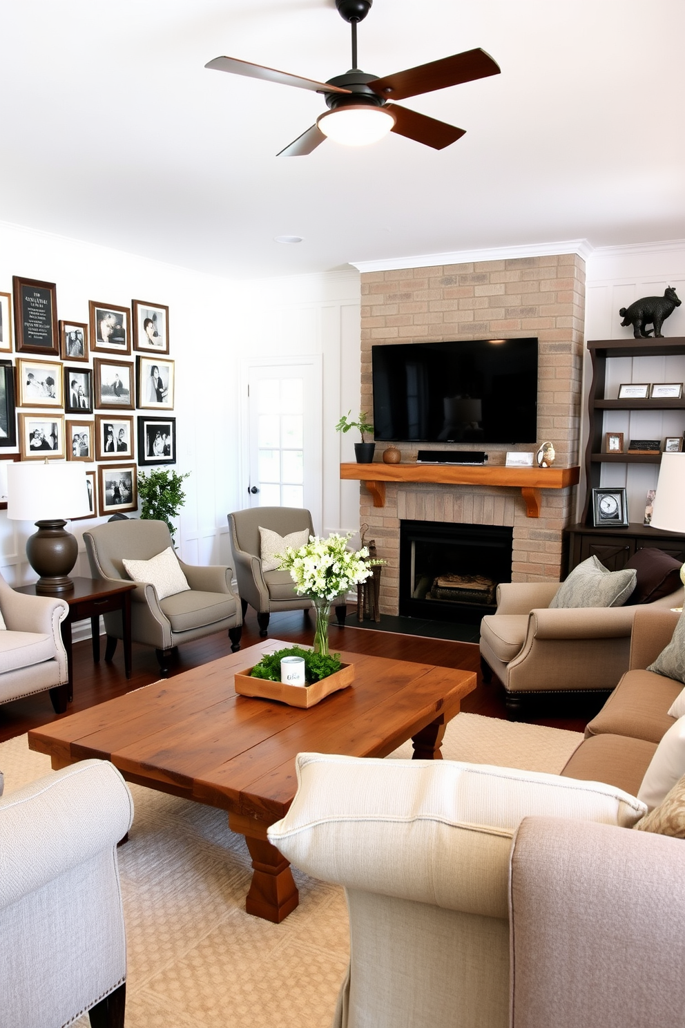 A cozy farmhouse living room filled with soft lighting from stylish pendant fixtures. The room features a large sectional sofa adorned with textured throw pillows and a rustic coffee table made of reclaimed wood. A stone fireplace serves as a focal point, surrounded by built-in shelves displaying curated decor items. The walls are painted in a warm white, complemented by natural wood beams across the ceiling.