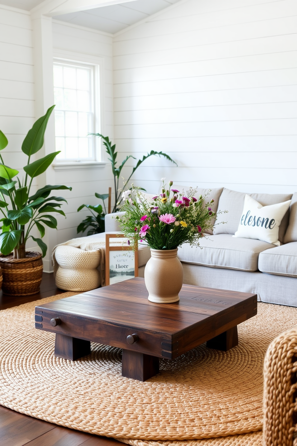 A cozy farmhouse living room featuring natural fiber textiles that enhance comfort. The space includes a large sectional sofa adorned with linen and cotton throw pillows, complemented by a woven jute area rug that adds warmth to the wooden floor. A rustic coffee table made from reclaimed wood sits at the center, surrounded by vintage armchairs upholstered in soft, breathable fabrics. Large windows allow natural light to flood the room, showcasing the earthy tones of the decor and the inviting atmosphere.