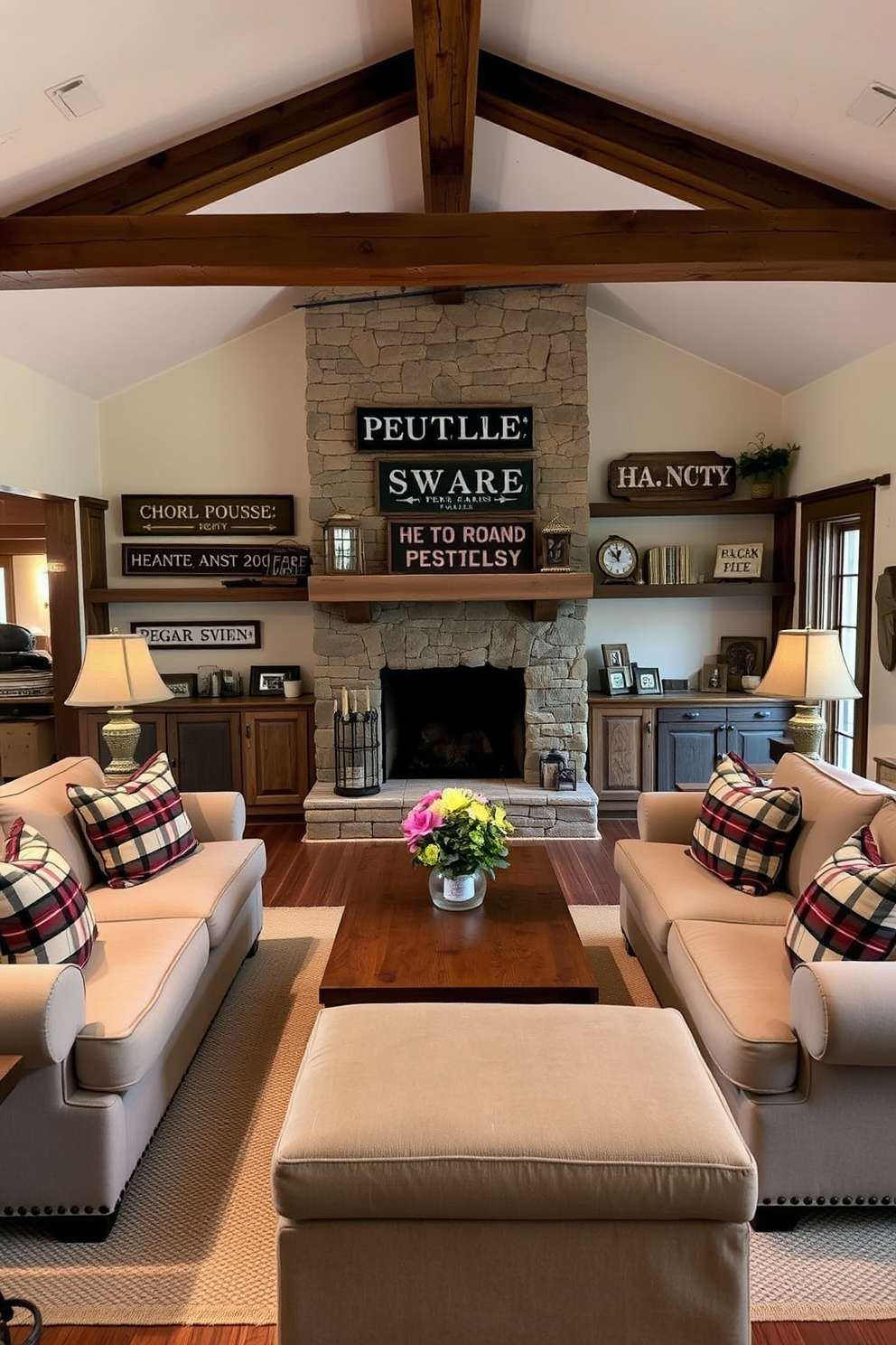 A cozy farmhouse living room features vintage signs that evoke a sense of nostalgia. The space includes a large, comfortable sectional sofa adorned with plaid throw pillows and a reclaimed wood coffee table at the center. Rustic wooden beams stretch across the ceiling, complemented by soft, warm lighting from antique-style lamps. A stone fireplace serves as the focal point, surrounded by shelves displaying charming knick-knacks and vintage decor.