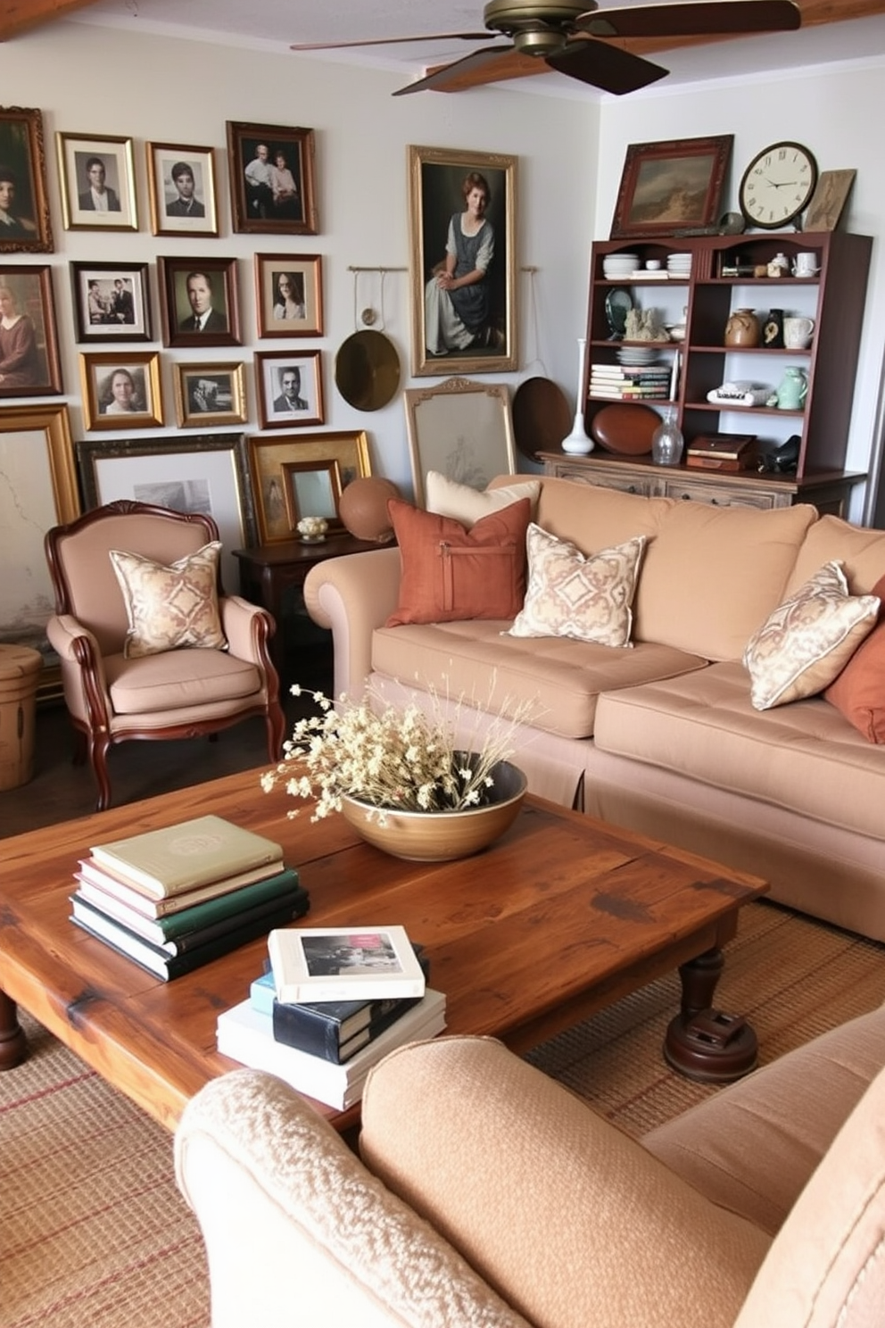 A cozy farmhouse living room featuring an earthy color palette that evokes a calming vibe. The space includes a large sectional sofa in a warm beige fabric, complemented by rustic wooden coffee tables and soft, textured throw pillows. Natural light floods the room through large windows adorned with simple linen curtains. A reclaimed wood mantel above the fireplace showcases decorative accents and a large, framed landscape painting.