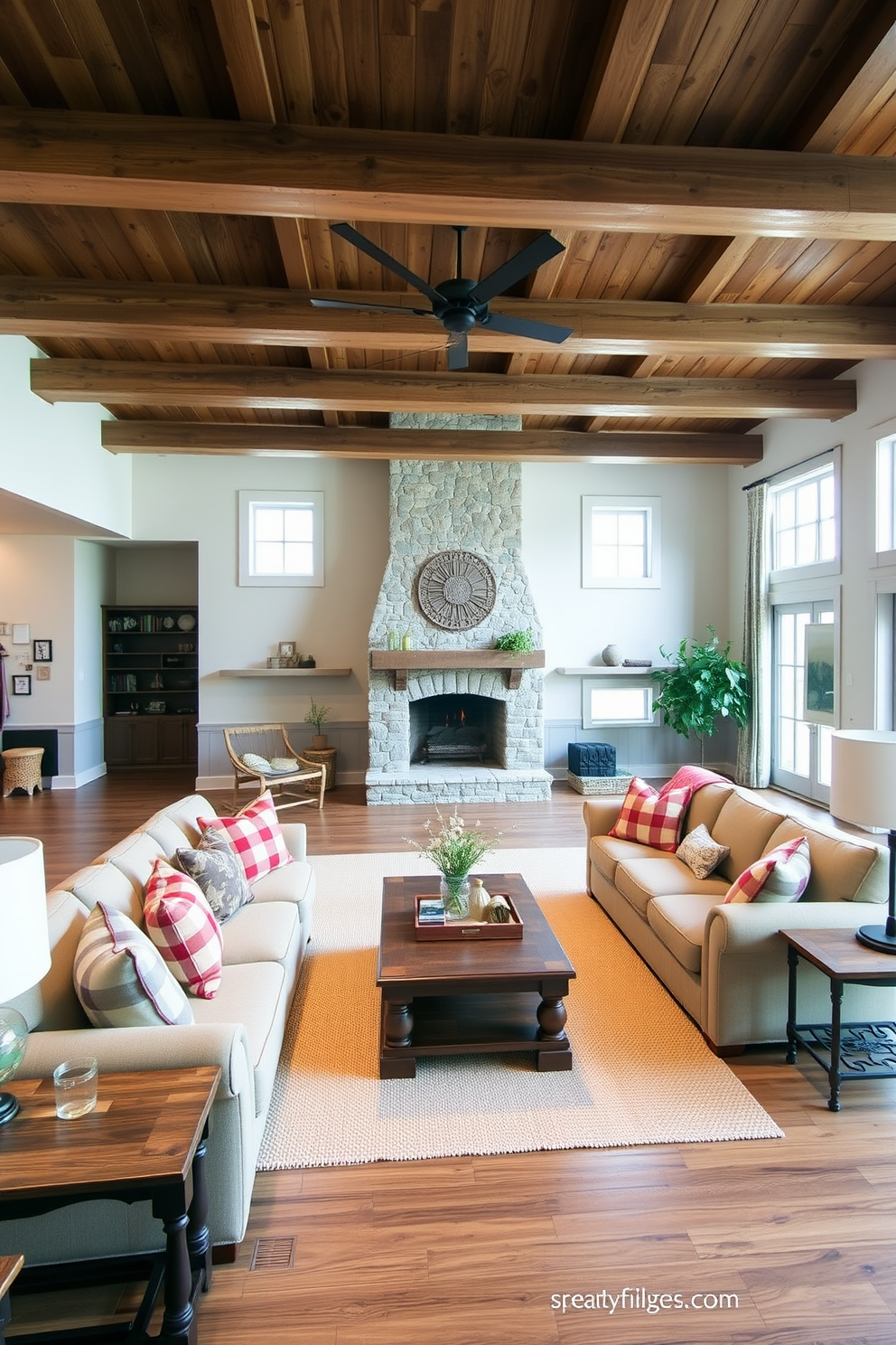 A cozy farmhouse living room features vintage trunks used as unique storage solutions. The trunks are placed strategically around a comfortable seating area with a large sectional sofa and a rustic coffee table. The walls are adorned with shiplap, and natural light floods in through large windows dressed with soft linen curtains. A woven area rug adds warmth to the space, complementing the earthy tones of the furniture and decor.