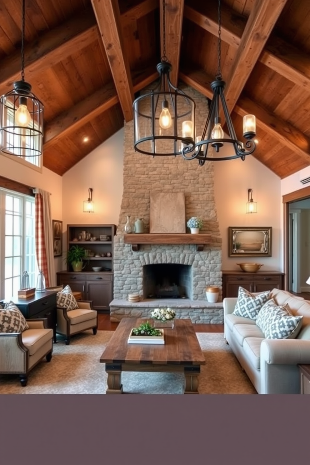 A cozy farmhouse living room features exposed wooden beams on the ceiling and a large stone fireplace as the focal point. The space is filled with comfortable furniture, including a plush sectional sofa adorned with patterned throw pillows and a reclaimed wood coffee table. Light fixtures with farmhouse flair hang from the ceiling, providing a warm and inviting glow throughout the room. Vintage-inspired pendant lights and wrought iron chandeliers complement the rustic decor, enhancing the overall charm of the space.