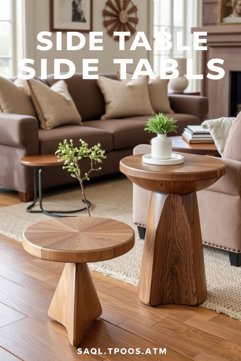 Stylish side tables with unique designs. Each table features a distinctive shape and finish, adding character to the space. Farmhouse living room design ideas. The room showcases a blend of rustic charm and modern comfort, with cozy seating and natural materials.