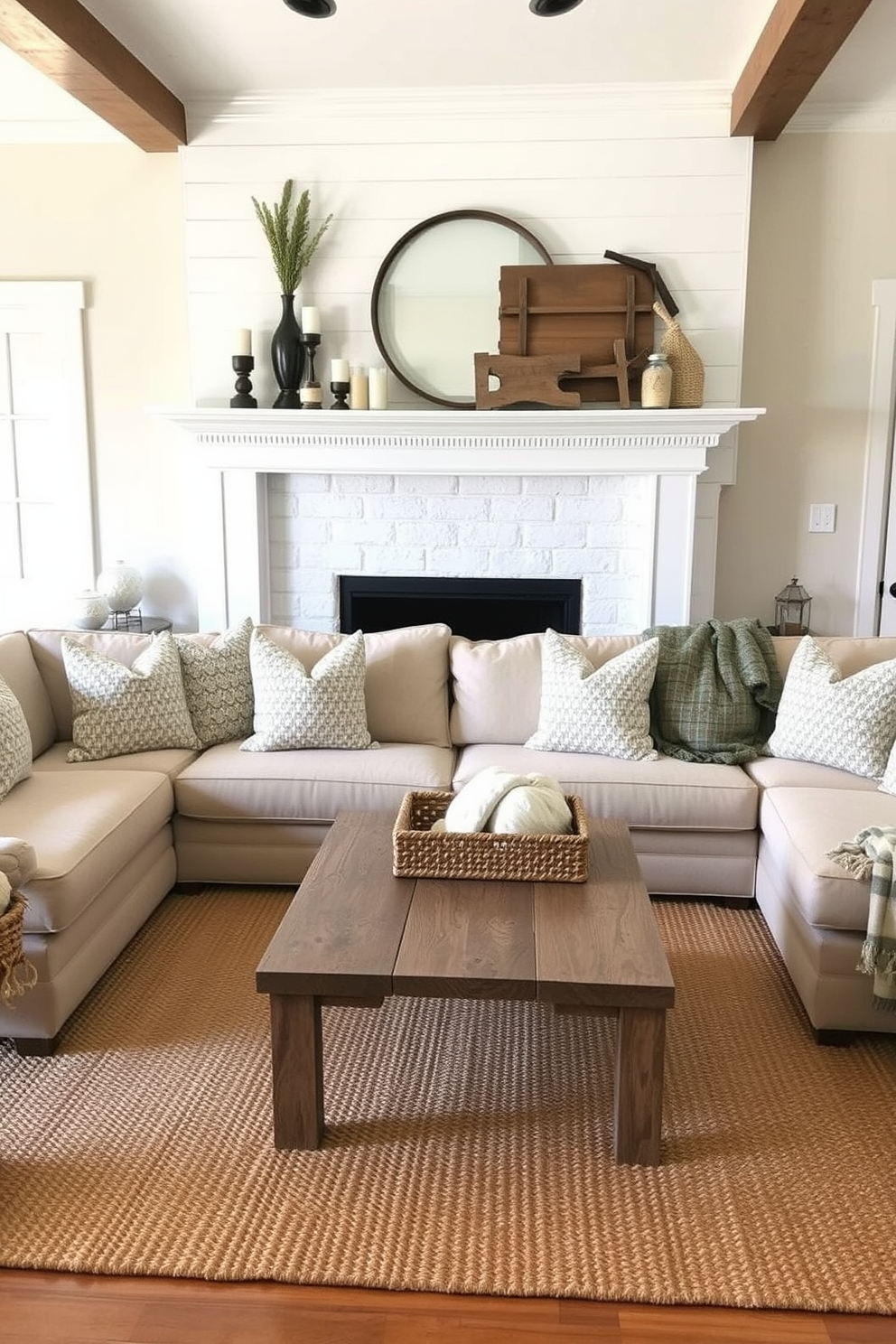 A neutral fireplace surround creates a warm and inviting focal point in the farmhouse living room. The mantel is adorned with rustic decor items such as candles, wooden accents, and a woven basket filled with cozy throws. The living room features a comfortable sectional sofa in soft beige, complemented by patterned throw pillows. A reclaimed wood coffee table sits in front of the sofa, surrounded by a jute area rug that adds texture and warmth to the space.