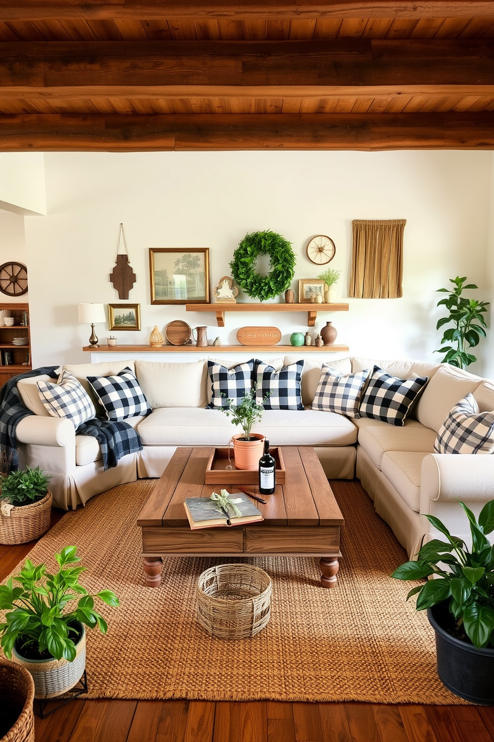 A cozy farmhouse living room featuring a large sectional sofa adorned with plaid throw pillows. A reclaimed wood coffee table sits in the center, surrounded by vintage decor and handcrafted items that add a personal touch. The walls are painted in a soft cream color, complemented by exposed wooden beams overhead. A woven area rug anchors the space, while a collection of potted plants brings life to the room.