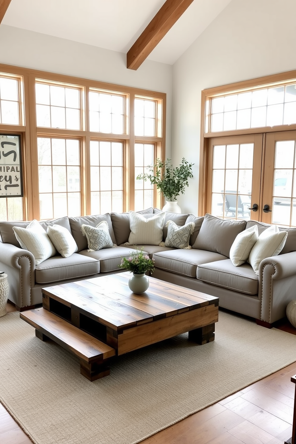 A cozy farmhouse living room features sliding barn doors that add rustic charm to the space. The room is adorned with a large sectional sofa in neutral tones, complemented by a reclaimed wood coffee table and a woven area rug.