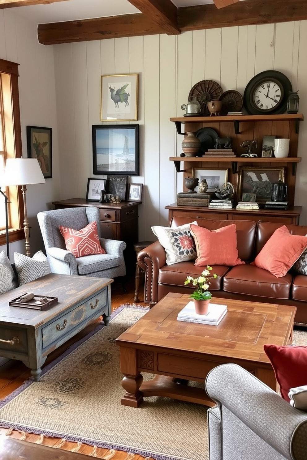 A cozy farmhouse living room featuring vintage furniture with modern touches. A distressed leather sofa is paired with a reclaimed wood coffee table and accented by colorful throw pillows. On one side, a vintage armchair sits beside a sleek floor lamp, creating a perfect reading nook. The walls are adorned with rustic wooden shelves that display a mix of antique decor and contemporary art pieces.