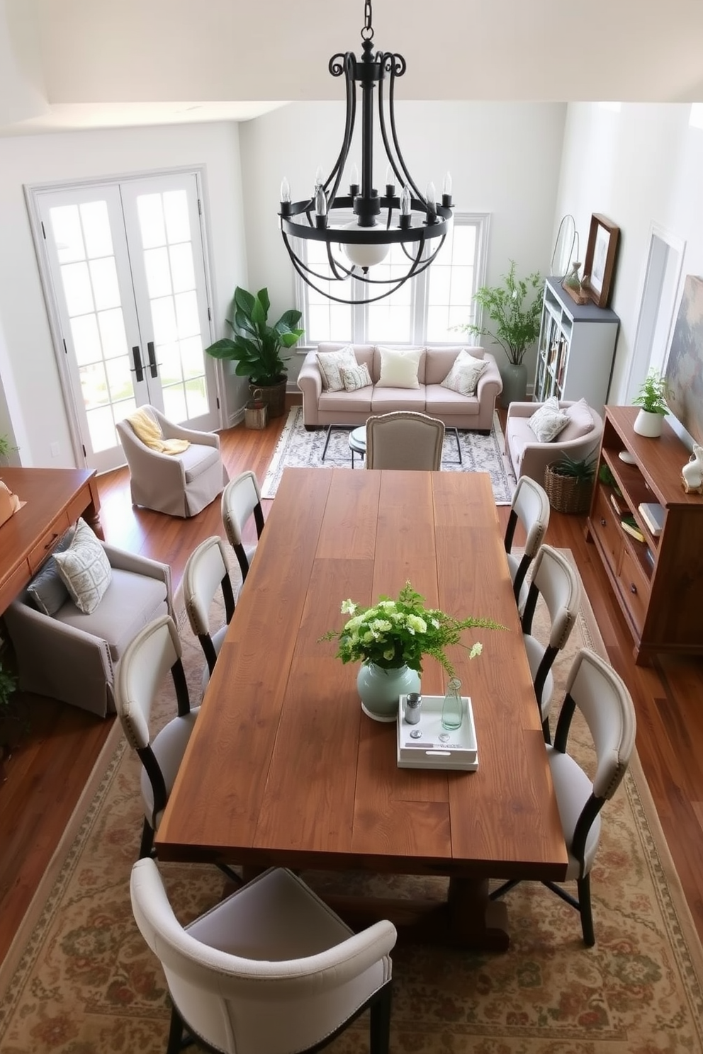 Chic dining area adjacent to living space featuring a long wooden table surrounded by upholstered chairs. Above the table, a statement chandelier made of wrought iron adds elegance, while large windows let in natural light, highlighting the warm tones of the decor. Farmhouse living room design ideas include a cozy seating arrangement with a plush sectional sofa and a reclaimed wood coffee table. Accents like a vintage area rug and rustic shelving units create a welcoming atmosphere, complemented by soft neutral colors and plenty of greenery.