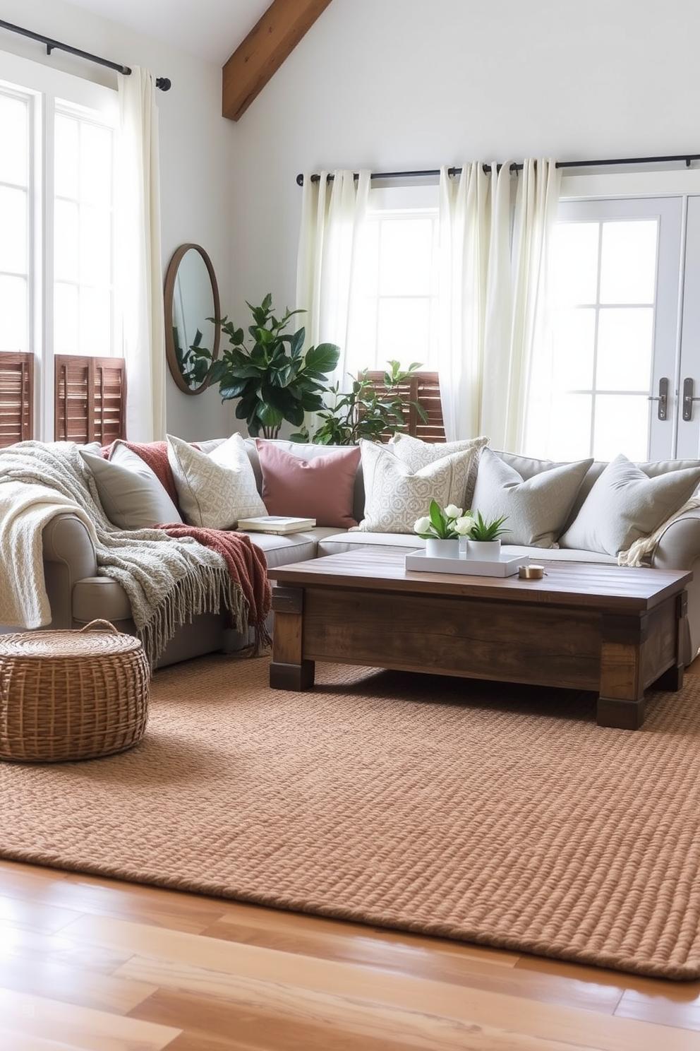 Layered textiles create an inviting atmosphere in a farmhouse living room. Plush throw blankets and decorative pillows in soft, muted colors are arranged on a large, comfortable sofa, complemented by a rustic wooden coffee table. A woven area rug anchors the space, adding texture and warmth underfoot. Natural light streams in through large windows adorned with sheer curtains, enhancing the cozy and welcoming feel of the room.