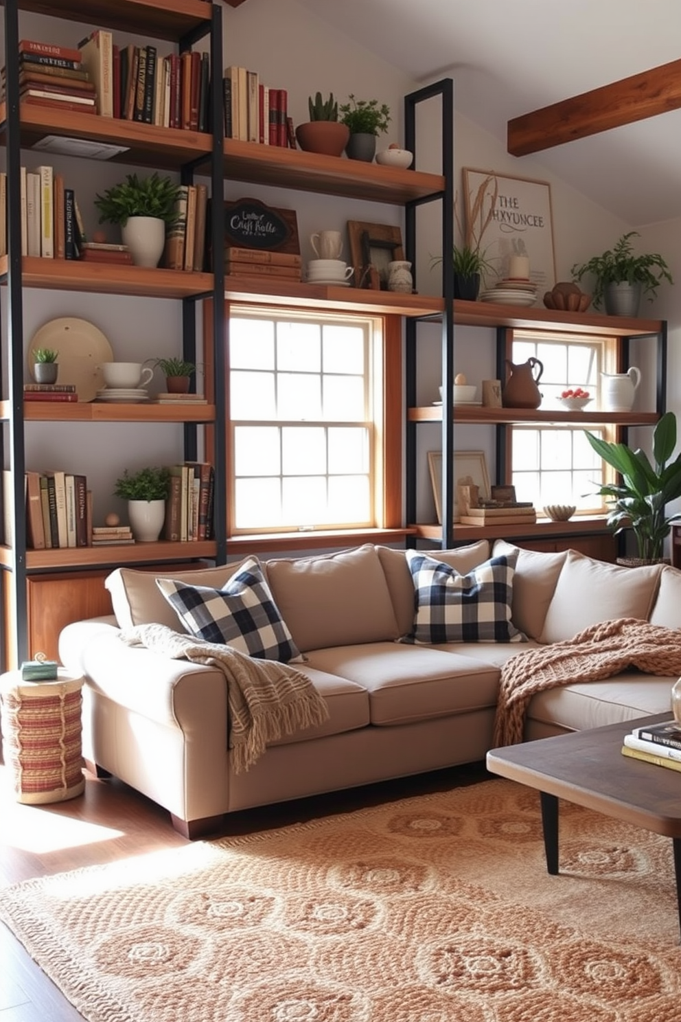 A cozy farmhouse living room features woven baskets artfully arranged in a corner, providing stylish storage for blankets and magazines. The space is adorned with rustic wooden beams, a large comfortable sofa, and a coffee table made from reclaimed wood, creating an inviting atmosphere.