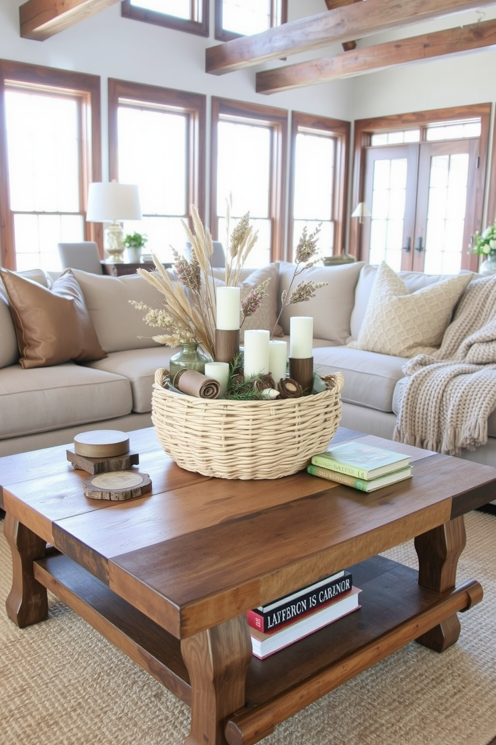 A charming farmhouse dining room features a large rustic wooden table as the centerpiece surrounded by mismatched chairs. Soft natural light filters through sheer curtains, illuminating a centerpiece of fresh flowers in a vintage vase. The living room is designed with cozy elements, including a comfortable sectional sofa adorned with plaid throw pillows. A reclaimed wood coffee table sits in front of the sofa, complemented by a woven rug and a stone fireplace that adds warmth to the space.