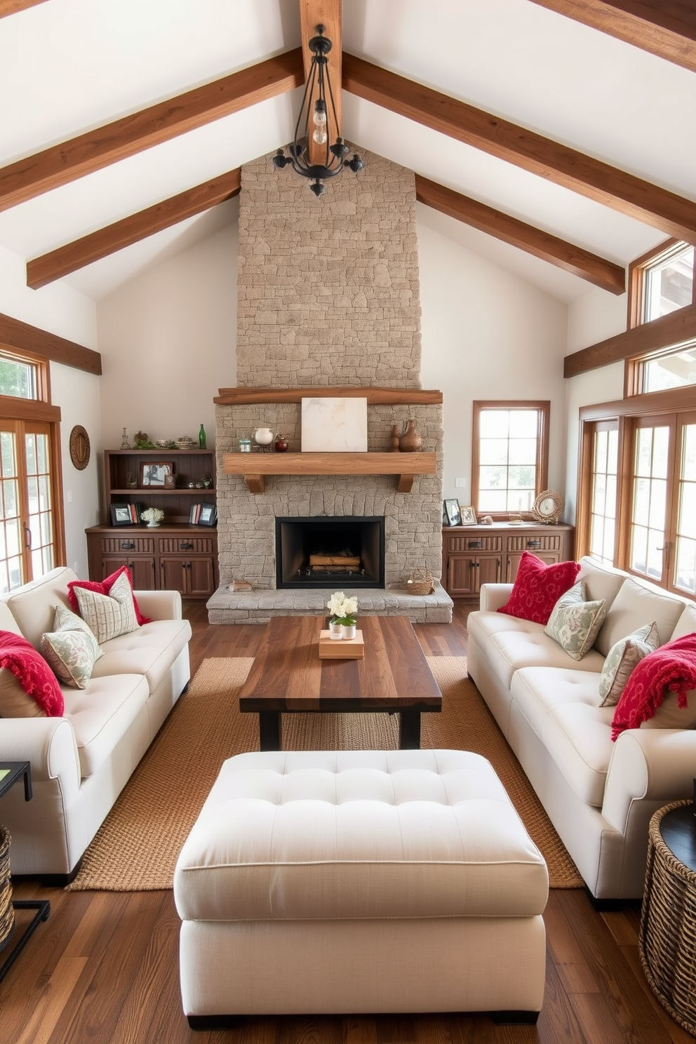 A cozy farmhouse living room features layered rugs that add warmth and texture to the space. The base rug is a large neutral jute style, while a smaller patterned rug sits on top, creating visual interest and comfort underfoot. The room is adorned with a comfortable sectional sofa in a soft fabric, complemented by a mix of oversized throw pillows. Natural wood accents, such as a coffee table and exposed beams, enhance the rustic charm of the design.