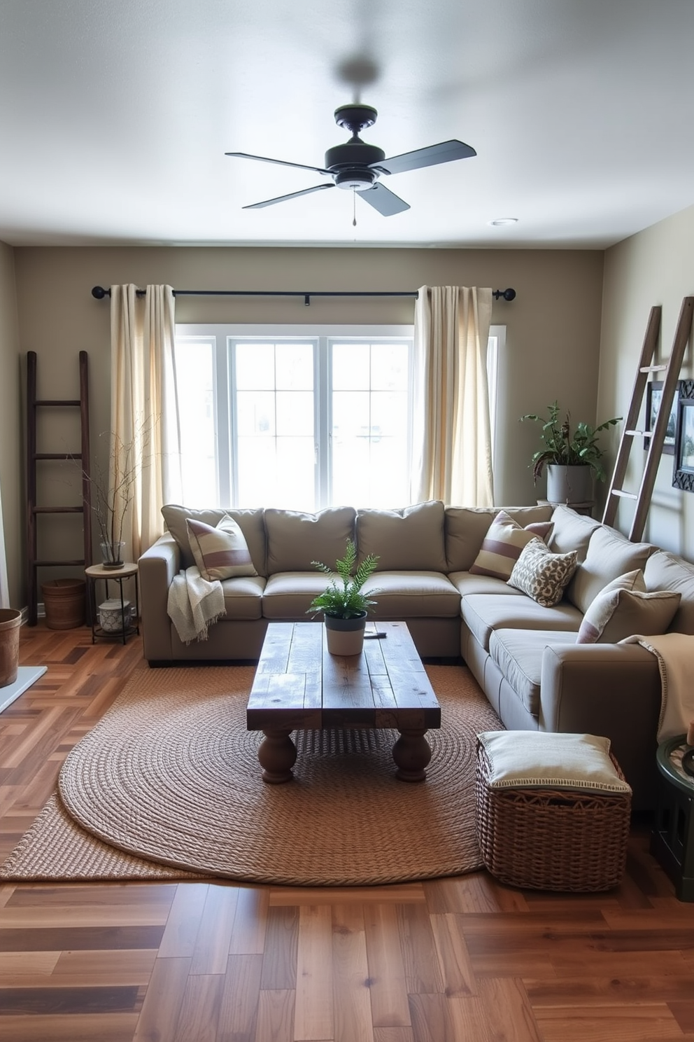 A cozy farmhouse living room features open shelving that showcases a curated collection of decorative items. The shelves are filled with vintage books, rustic pottery, and framed family photos, creating a warm and inviting atmosphere.