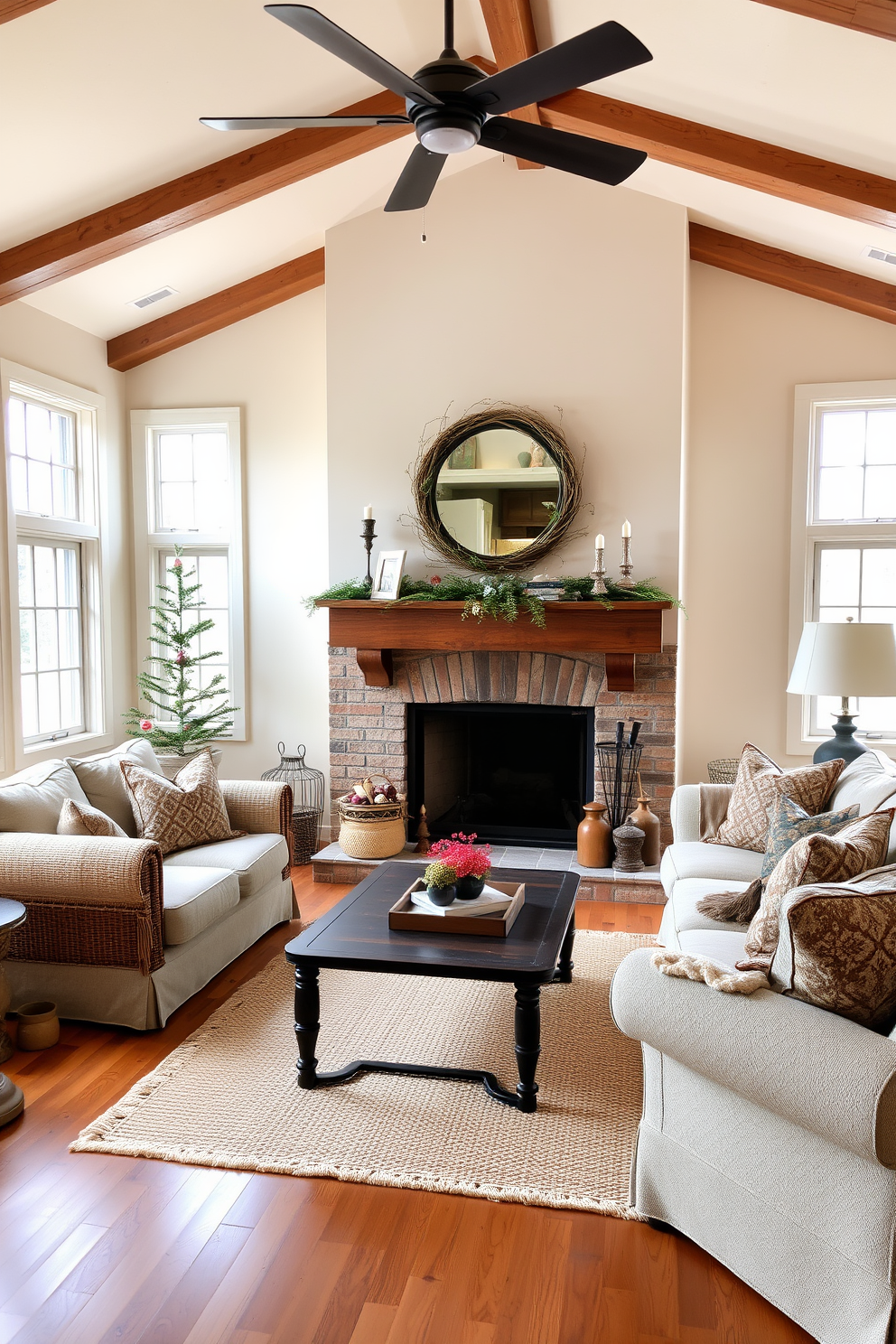 A charming fireplace is the focal point of the room, featuring a rustic wooden mantel adorned with seasonal decorations. The surrounding walls are painted in a soft cream color, complementing the warm tones of the hardwood flooring. The living room is designed in a farmhouse style, showcasing a cozy seating arrangement with plush, oversized sofas and a vintage coffee table. Natural light floods the space through large windows, enhancing the inviting atmosphere created by woven textiles and earthy accents.