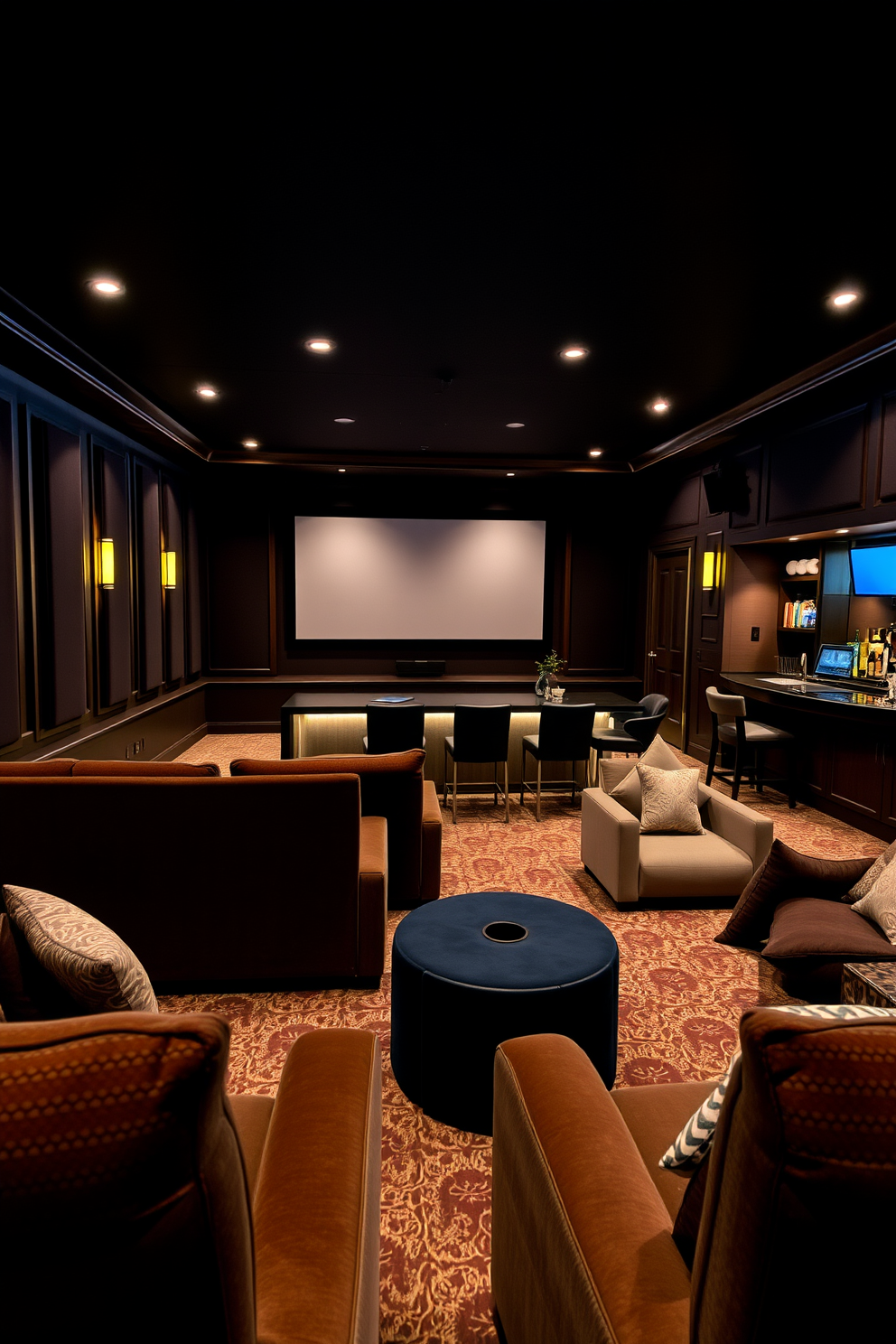 Cozy movie theater with plush seating. The room features a large screen at the front, surrounded by dark acoustic panels for soundproofing. Finished basement design ideas. The space includes a multifunctional area with a wet bar, comfortable lounge furniture, and soft ambient lighting.