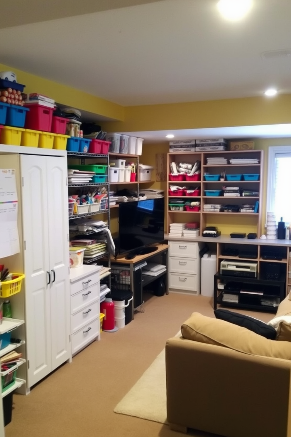 A creative craft room filled with organized supplies. The walls are painted in a cheerful yellow, and sturdy shelving units display colorful bins filled with various craft materials. The finished basement features a cozy lounge area with a sectional sofa and a large flat-screen TV. Soft lighting creates a warm ambiance, while a small kitchenette provides convenience for entertaining guests.