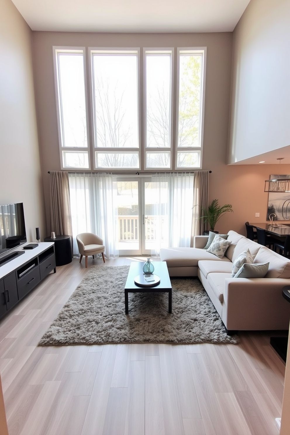 A cozy reading nook with built-in bookshelves that stretch from floor to ceiling. The space is filled with soft natural light and features a comfortable armchair draped with a knitted throw. A finished basement designed for relaxation and entertainment. It includes a spacious lounge area with plush seating, a home theater setup, and a small kitchenette for snacks and drinks.