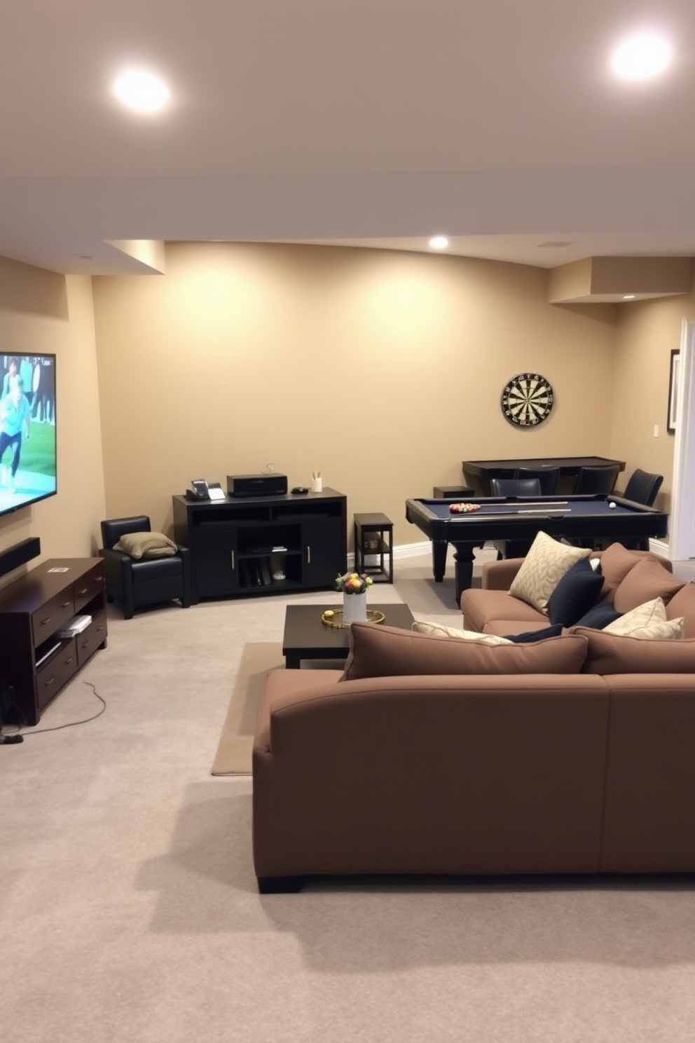 A cozy family room in a finished basement designed for games and entertainment. The space features a large sectional sofa facing a wall-mounted flat-screen TV, with a stylish coffee table in front. To the side, a game area includes a pool table and a dartboard, surrounded by comfortable seating. The walls are painted a warm beige, and the flooring is a soft gray carpet for added comfort.