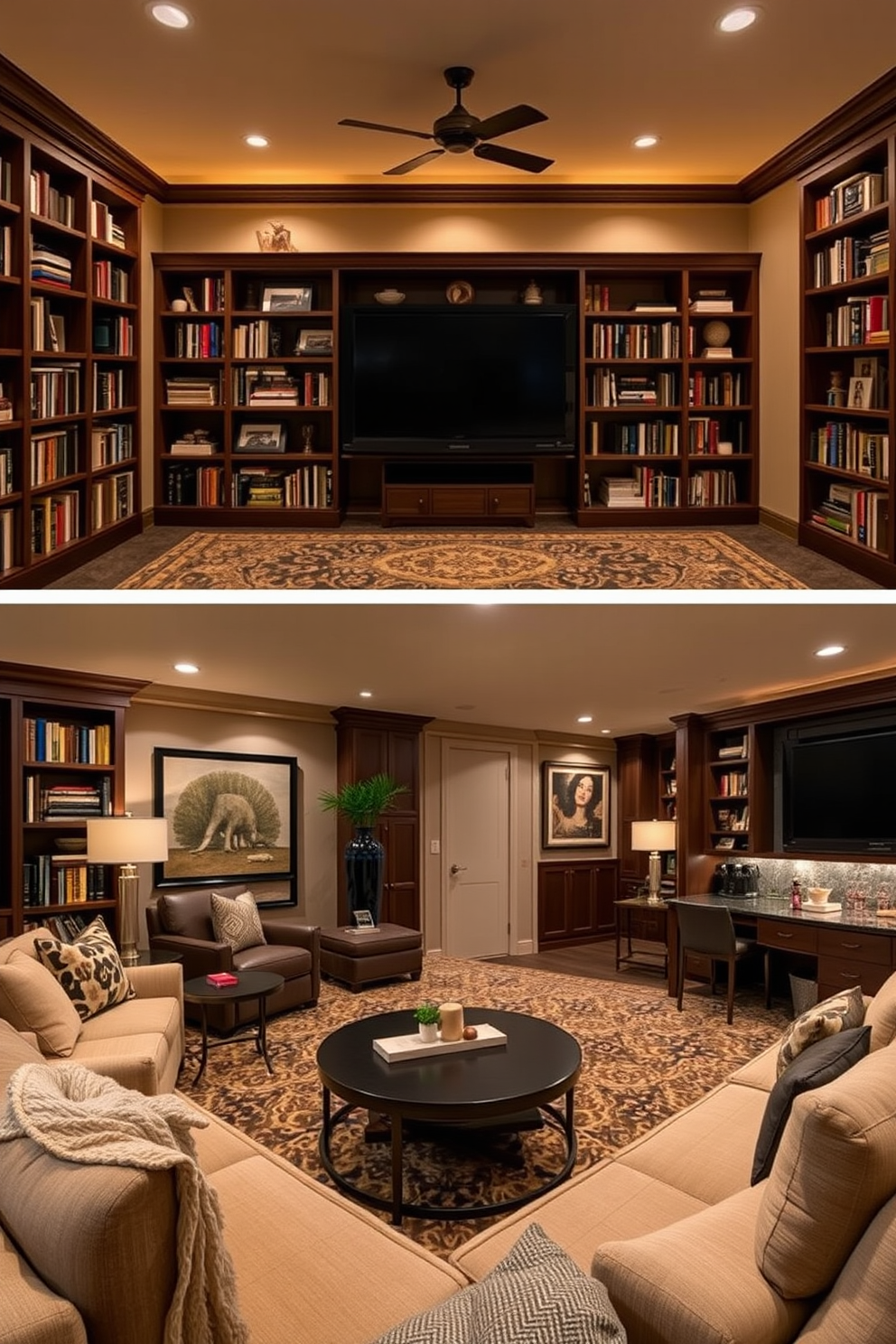 A stylish home library featuring plush seating arrangements invites relaxation and reading. Bookshelves line the walls, filled with an eclectic mix of books and decorative items, while warm lighting creates an inviting atmosphere. The finished basement design includes a multifunctional space perfect for entertainment and leisure. A comfortable sectional sofa faces a large screen, with a wet bar nearby for refreshments and soft lighting enhancing the cozy ambiance.