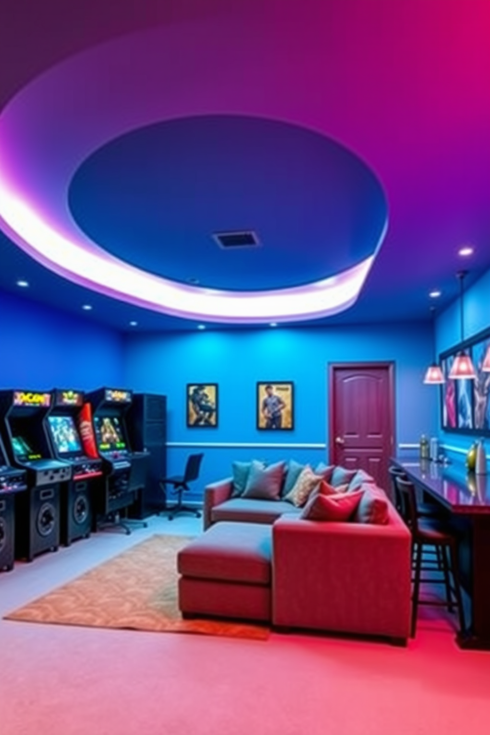 A modern game room featuring a vibrant color palette with neon lights illuminating the space. Arcade machines line the walls, and a plush sectional sofa is positioned in the center, creating a cozy atmosphere for gaming and relaxation. The finished basement design includes a multi-functional area with a home theater setup and a wet bar. Soft lighting enhances the ambiance, while comfortable seating options invite guests to enjoy movies or social gatherings.