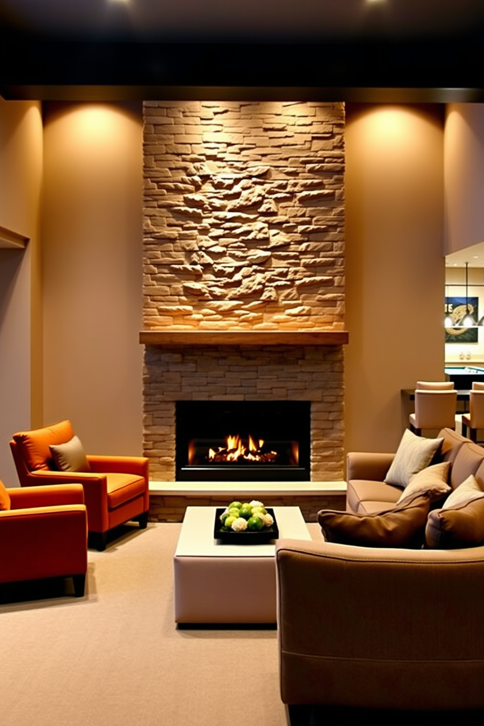 A cozy finished basement design featuring an inviting fireplace as the focal point. The fireplace is surrounded by built-in shelves filled with books and decorative items, creating a warm and welcoming atmosphere. Plush seating arrangements with soft cushions are positioned around the fireplace, encouraging relaxation and social gatherings. The walls are painted in a soft taupe color, complemented by warm lighting that enhances the inviting feel of the space.