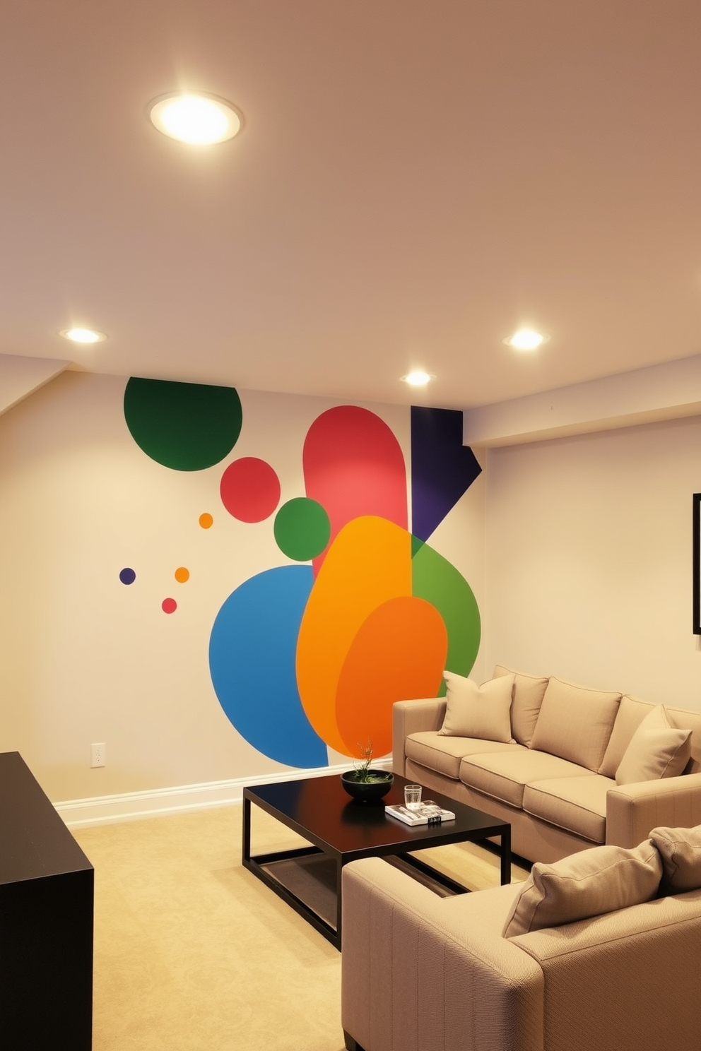 A colorful mural wall featuring abstract shapes and vibrant colors serves as the focal point of the finished basement. The surrounding walls are painted in a soft neutral tone to enhance the mural's artistic flair. The basement is designed with a cozy seating area that includes a plush sectional sofa and a stylish coffee table. Soft lighting fixtures are strategically placed to create an inviting atmosphere for relaxation and entertainment.