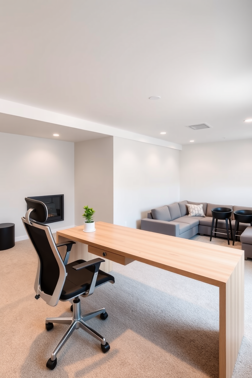 A minimalist workspace featuring clean lines and a neutral color palette. The desk is made of light wood with a sleek design, complemented by a comfortable ergonomic chair and a small potted plant for a touch of greenery. The finished basement is designed as a cozy retreat with soft lighting and plush furnishings. A sectional sofa faces a modern fireplace, while a small bar area with high stools invites relaxation and entertainment.