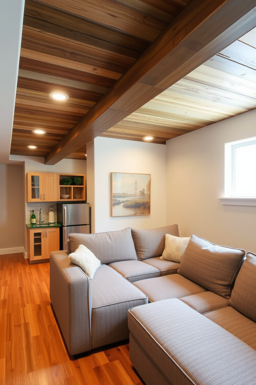 A cozy finished basement designed with sustainable materials. The space features reclaimed wood beams on the ceiling and bamboo flooring, creating a warm and inviting atmosphere. The layout includes a comfortable lounge area with a sectional sofa made from organic fabrics. A small kitchenette with recycled glass countertops and energy-efficient appliances enhances the functionality of the space.