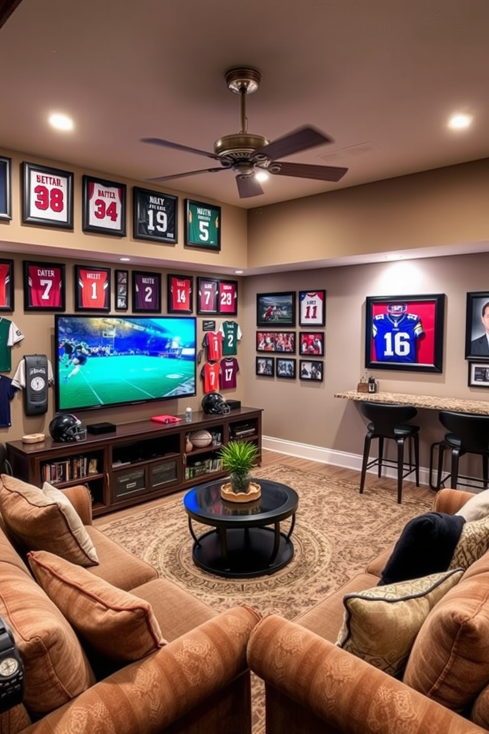 A themed sports room featuring memorabilia displays. The walls are adorned with framed jerseys and autographed photos, while a large flat-screen TV takes center stage for game day viewing. Finished basement design ideas that maximize space and functionality. Cozy seating arrangements with plush sofas create an inviting atmosphere, complemented by a stylish bar area for entertaining guests.