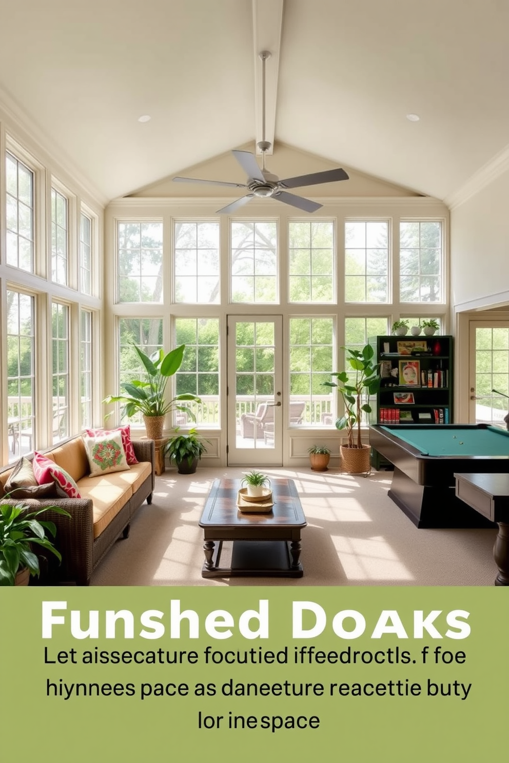 A bright sunroom with large windows allowing natural light to flood the space. The room features comfortable seating with colorful cushions and a small coffee table surrounded by lush indoor plants. Finished basement design ideas that maximize space and functionality. Incorporate a cozy lounge area with a sectional sofa, a wet bar for entertaining, and a game zone with a pool table and shelves for board games.