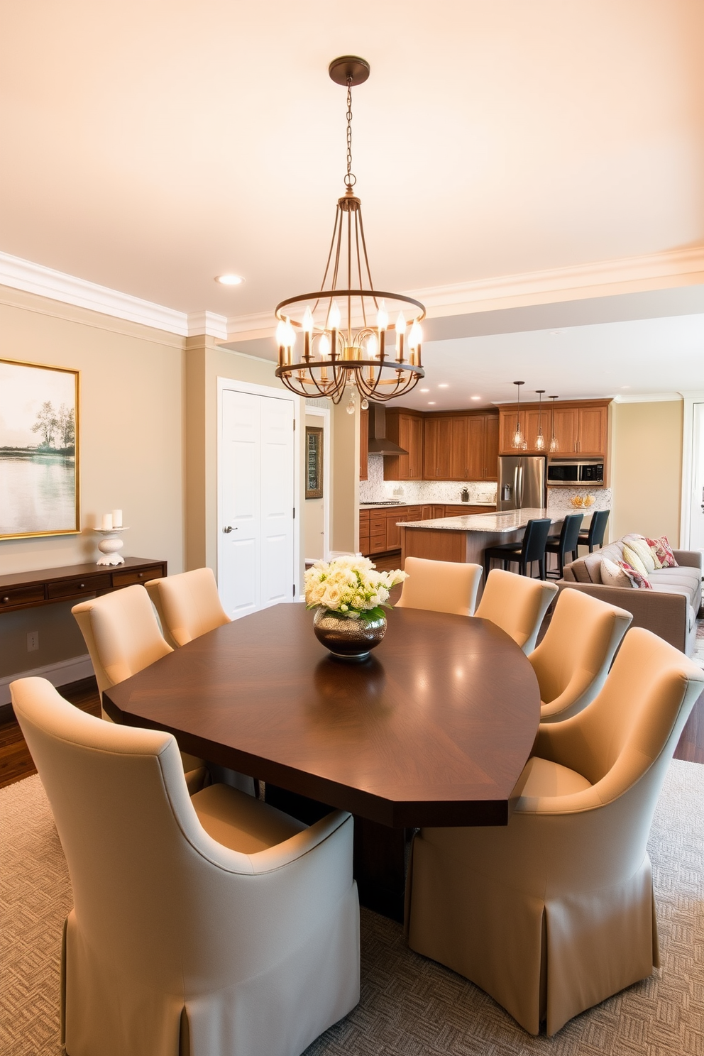 Elegant dining area for family gatherings. A large wooden dining table is surrounded by plush upholstered chairs in a neutral tone. Soft ambient lighting is provided by a statement chandelier hanging above the table. The walls are painted in a warm beige color, and a large piece of artwork adds a pop of color to the space. Finished basement design ideas. The basement features a cozy seating area with a sectional sofa and a sleek coffee table. A wet bar against one wall is equipped with modern appliances and stylish bar stools, creating an inviting space for entertaining.