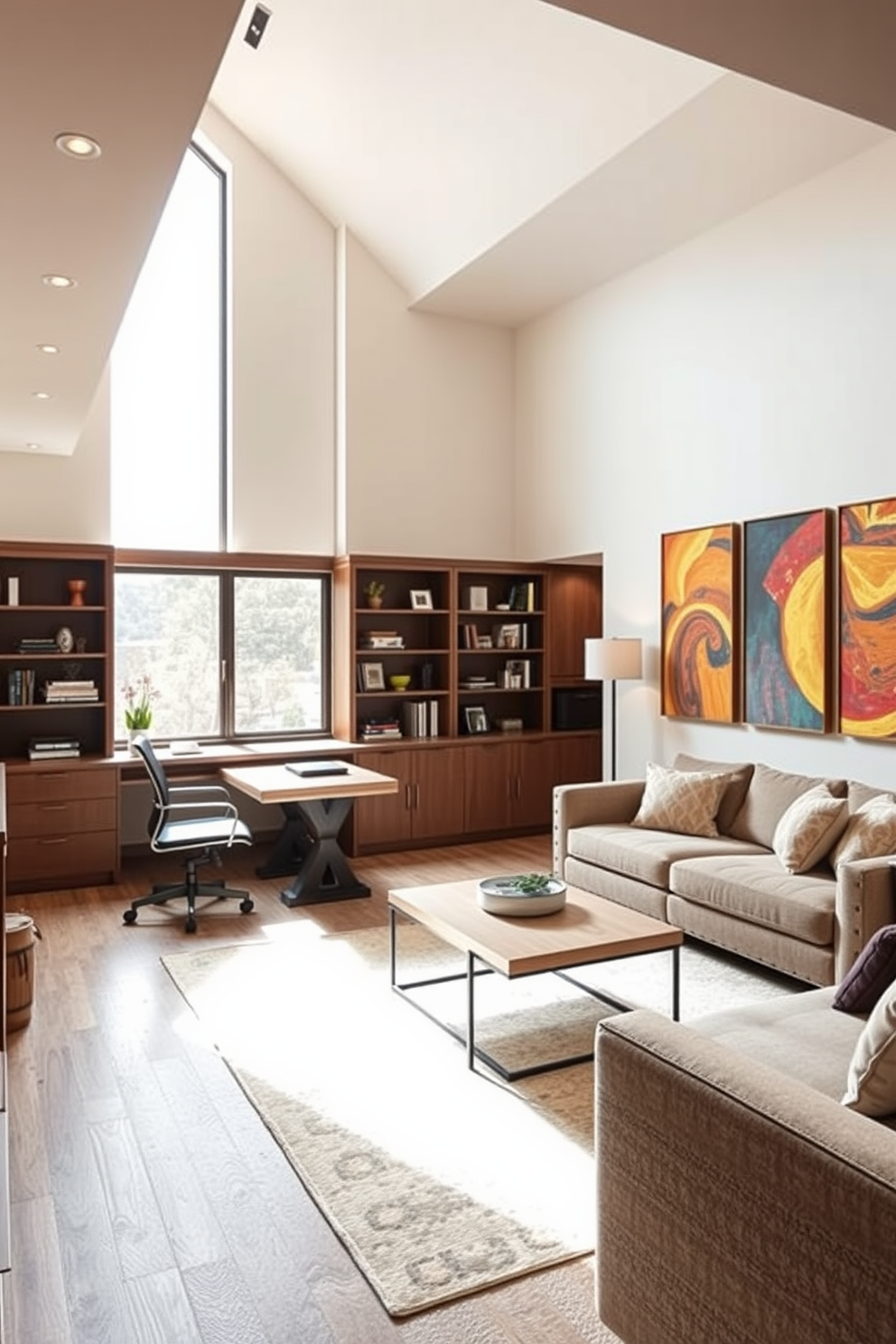 A modern home office featuring a sleek desk made of reclaimed wood positioned against a light gray wall. The room includes built-in shelves filled with books and decorative items, with a comfortable ergonomic chair placed at the desk. Finished basement design ideas showcasing an inviting lounge area with a plush sectional sofa and a large flat-screen TV mounted on the wall. The space is accented with warm lighting, a stylish coffee table in the center, and a small bar area with high stools in one corner.