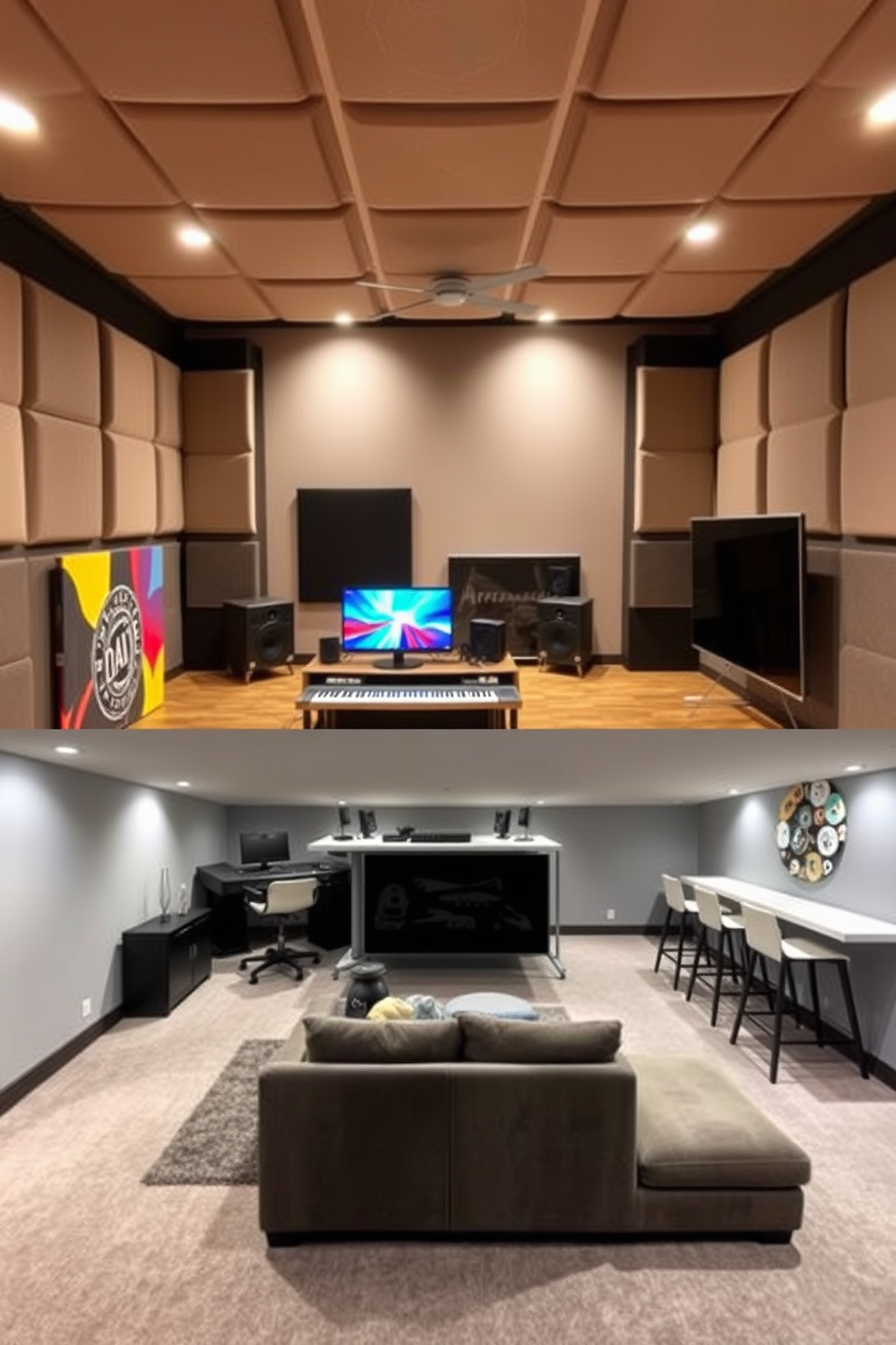 A creative music studio featuring soundproofing panels on the walls and ceiling. The space includes a modern desk with a computer and audio equipment, surrounded by vibrant artwork that inspires creativity. A finished basement designed as a cozy entertainment area. It showcases a plush sectional sofa, a large flat-screen TV mounted on the wall, and a stylish bar with high stools.