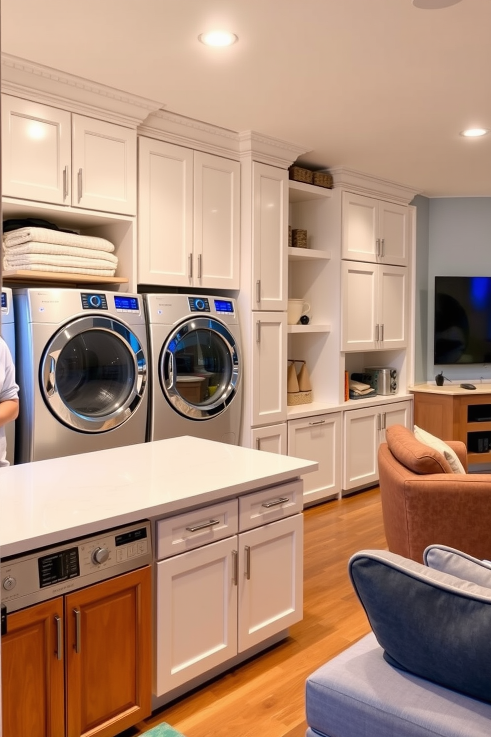 A functional laundry room with ample storage features a large countertop for folding clothes and built-in cabinets that provide plenty of space for organizing supplies. The room is designed with a combination of bright lighting and a cheerful color palette to create a welcoming atmosphere. The finished basement design includes a cozy lounge area with plush seating and a modern entertainment center. Soft, ambient lighting enhances the inviting feel, while a small kitchenette adds convenience for entertaining guests.