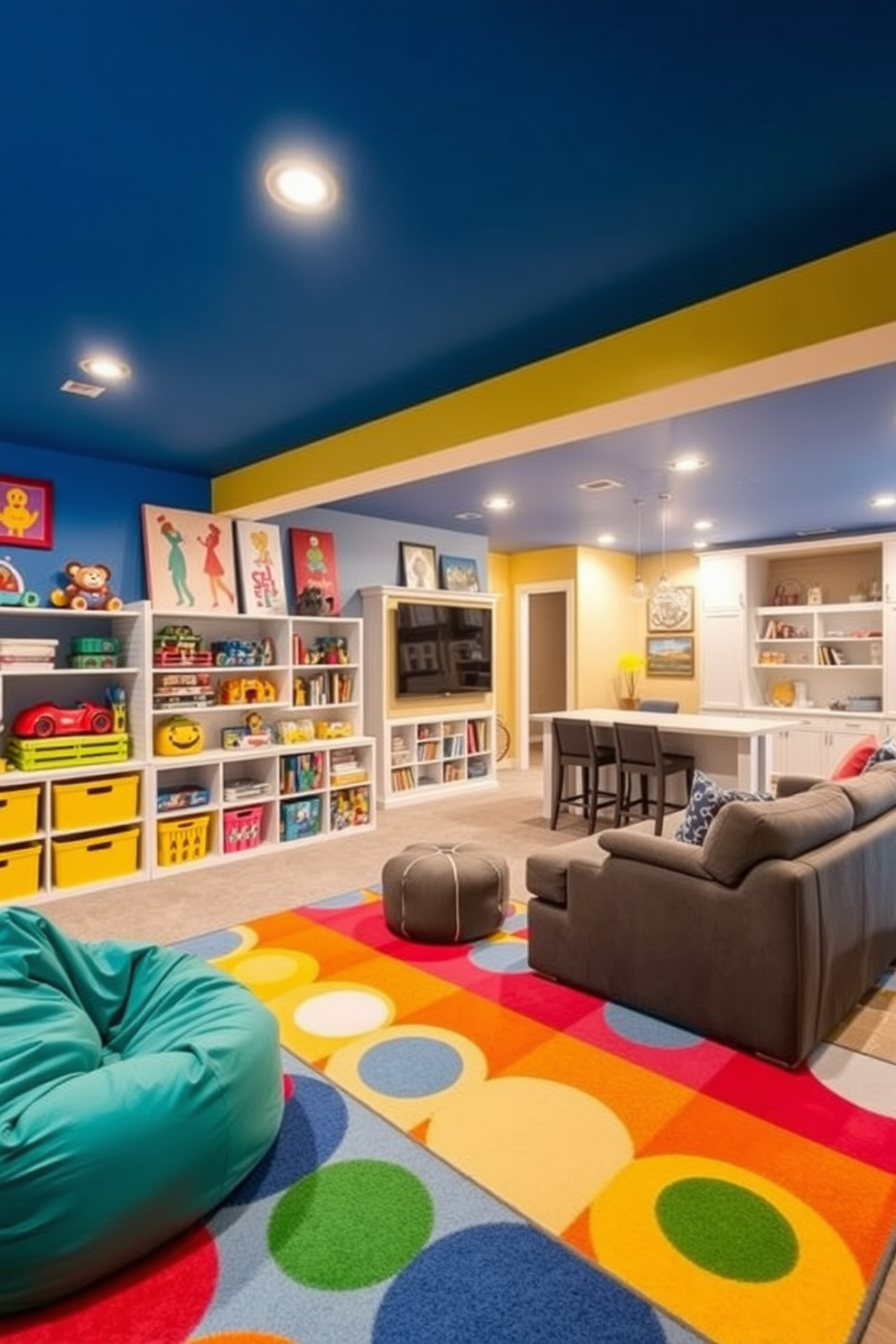 Bright playroom with colorful decor. The walls are painted in vibrant shades of blue and yellow, adorned with playful wall art. A soft, multicolored rug covers the floor, providing a cozy space for play. Shelves filled with toys and books are neatly organized, and a large bean bag chair invites relaxation. Finished basement design ideas. The space features an open layout with comfortable seating and a large entertainment center. Soft lighting creates a warm ambiance, while a wet bar adds functionality for gatherings. The walls are painted in a neutral tone, complemented by decorative accents that enhance the overall aesthetic.