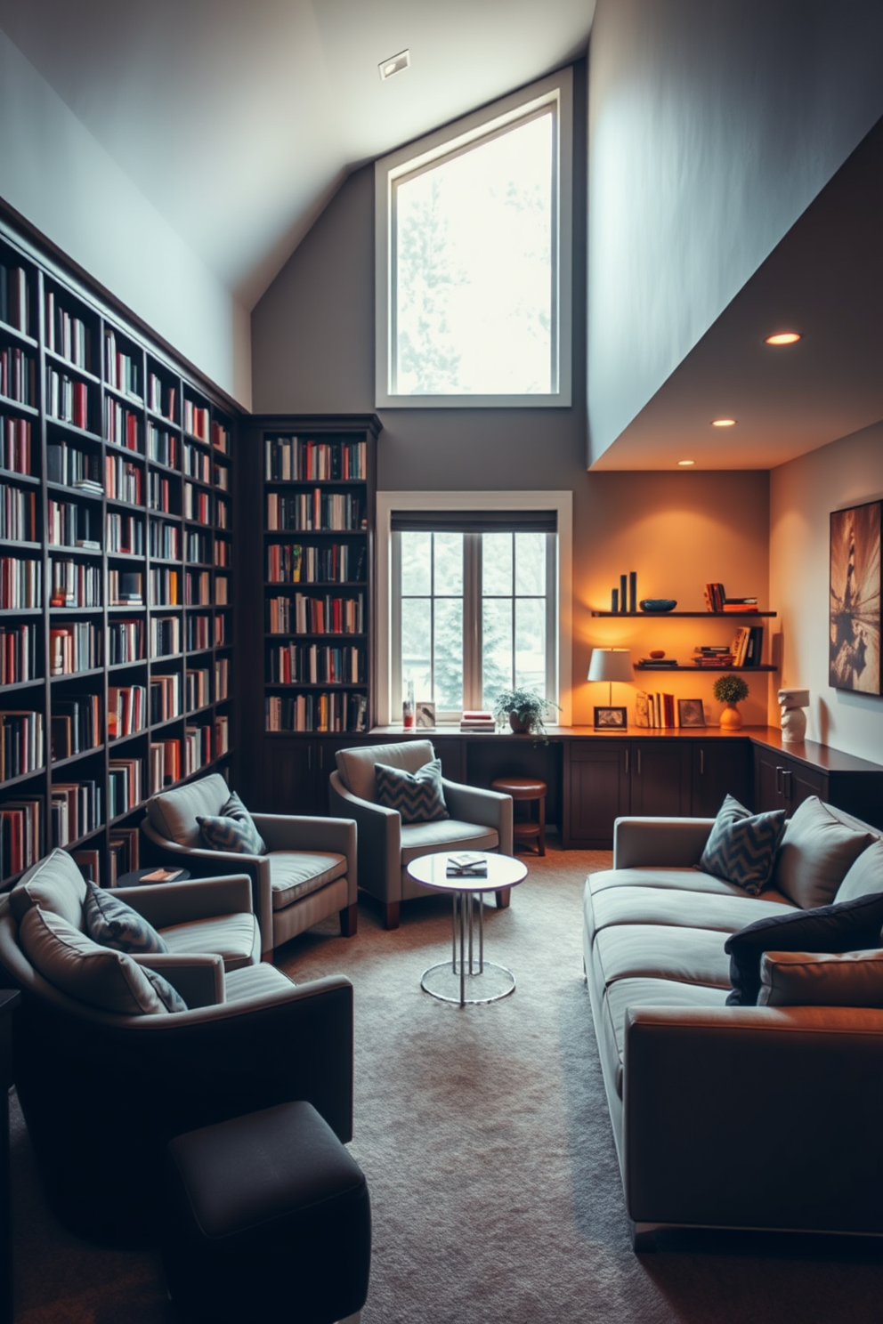 A cozy reading nook filled with natural light. There are plush armchairs positioned near a large window, surrounded by floor-to-ceiling bookshelves brimming with books. A stylish finished basement designed for entertainment and relaxation. The space features a modern sectional sofa, a built-in bar area, and warm ambient lighting to create a welcoming atmosphere.