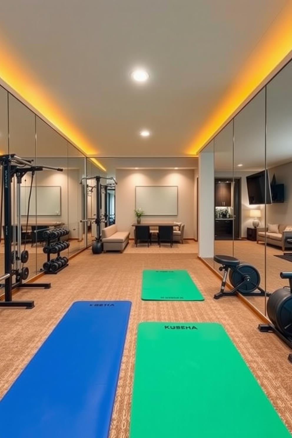 A sleek gym with mirrored walls creates an open and airy atmosphere. The space is equipped with high-quality exercise mats, free weights, and modern fitness machines for a complete workout experience. The finished basement features cozy seating arrangements and a stylish entertainment area. Warm lighting complements the neutral color palette, enhancing the inviting ambiance of the space.