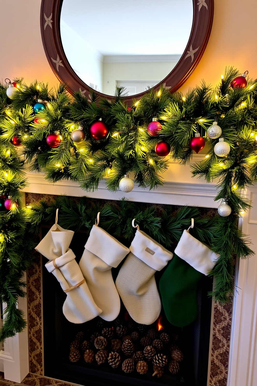 A festive garland adorned with twinkling lights and colorful ornaments drapes elegantly over the mantel. The fireplace below is beautifully decorated with stockings and a collection of pinecones, creating a warm and inviting holiday atmosphere.