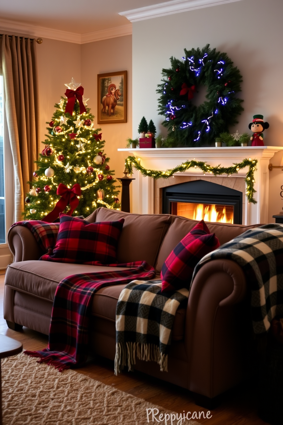 Candle arrangements in varying heights create a warm and inviting atmosphere. The candles are placed on a rustic wooden tray, surrounded by pinecones and greenery for a festive touch. The fireplace is adorned with garlands of evergreen and twinkling fairy lights. Stockings hang from the mantel, adding a cozy holiday charm to the space. Christmas decorating ideas include a beautifully decorated tree with shimmering ornaments and a star on top. The room is filled with the scent of fresh pine and cinnamon, enhancing the festive spirit.