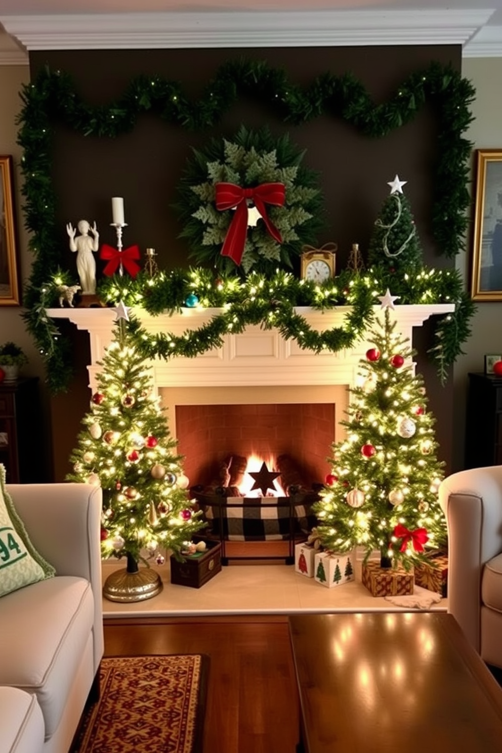 A cozy living room setting adorned with miniature Christmas trees on each side of a beautifully decorated fireplace. The trees are adorned with twinkling lights and colorful ornaments, creating a festive atmosphere that complements the warm glow of the fire.