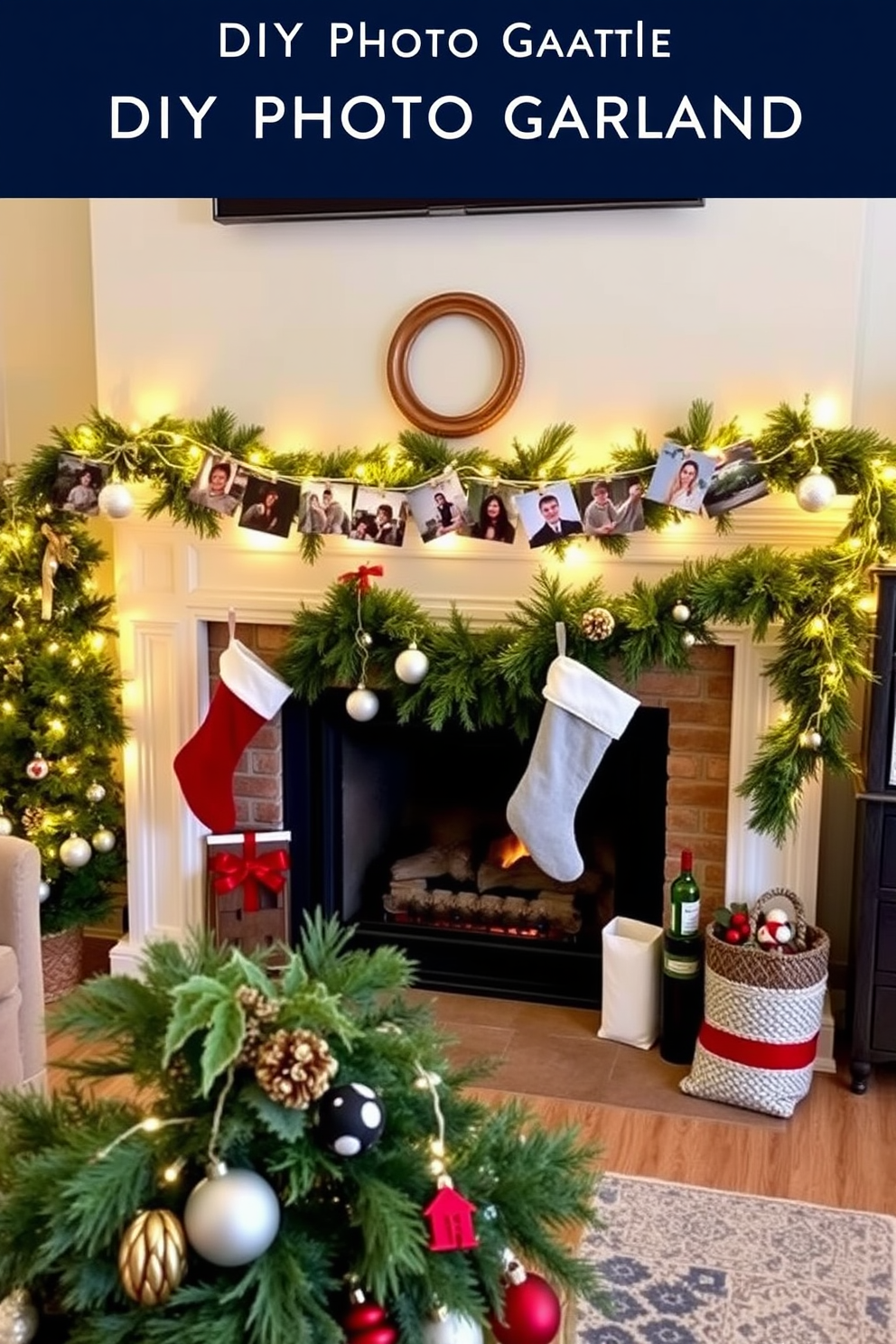 A cozy living room adorned with a DIY photo garland showcasing family memories. The garland is draped elegantly across the mantelpiece, surrounded by twinkling fairy lights and festive ornaments. A charming fireplace serves as the focal point, decorated with lush greenery and seasonal accents. Stockings hang from the mantel, adding a warm and inviting touch to the Christmas decor.