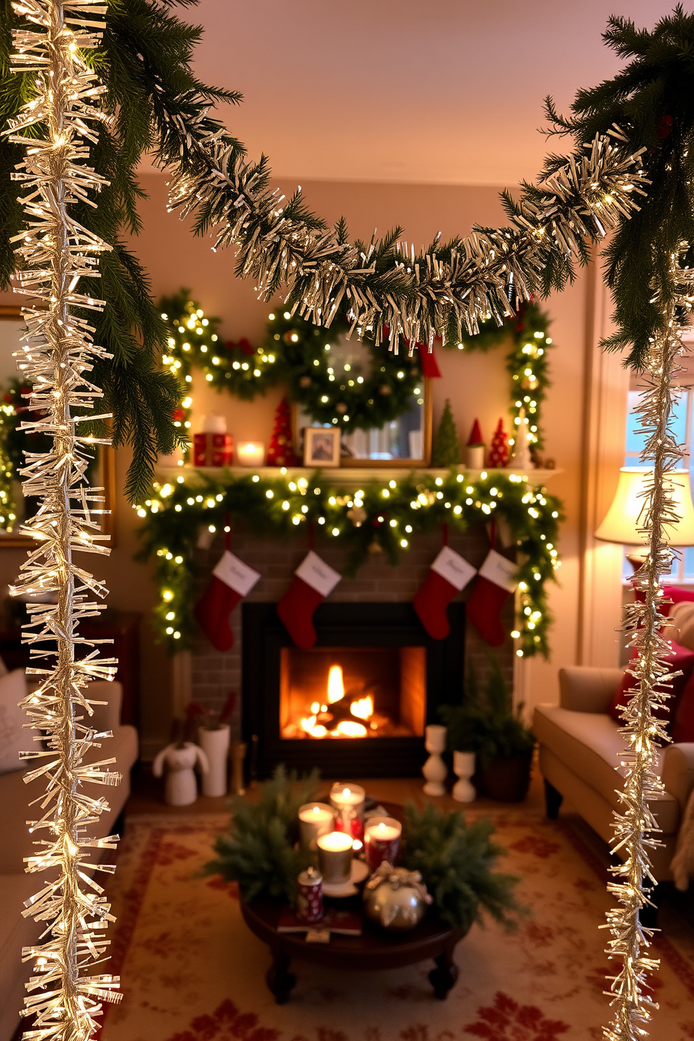 A cozy living room adorned for the holidays. Sparkling tinsel is gracefully intertwined with lush greenery, creating a festive atmosphere. A charming fireplace serves as the centerpiece, surrounded by stockings and seasonal decorations. The warm glow of the fire complements the twinkling lights, inviting relaxation and celebration.