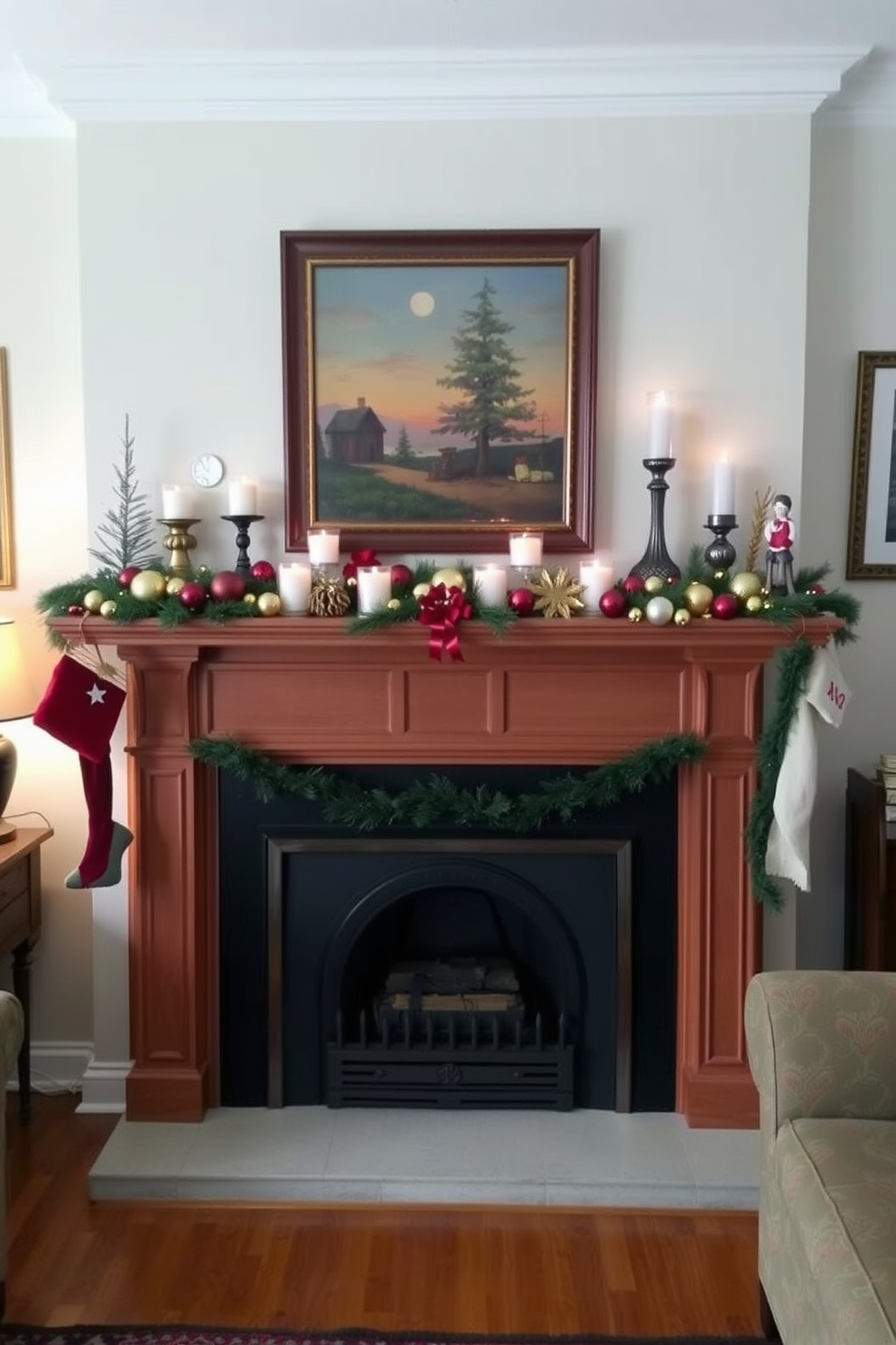 A cozy living room features a classic fireplace with a wooden mantel adorned with seasonal artwork. The mantel is decorated with festive Christmas accents, including garlands, candles, and a collection of ornaments that add warmth and charm.