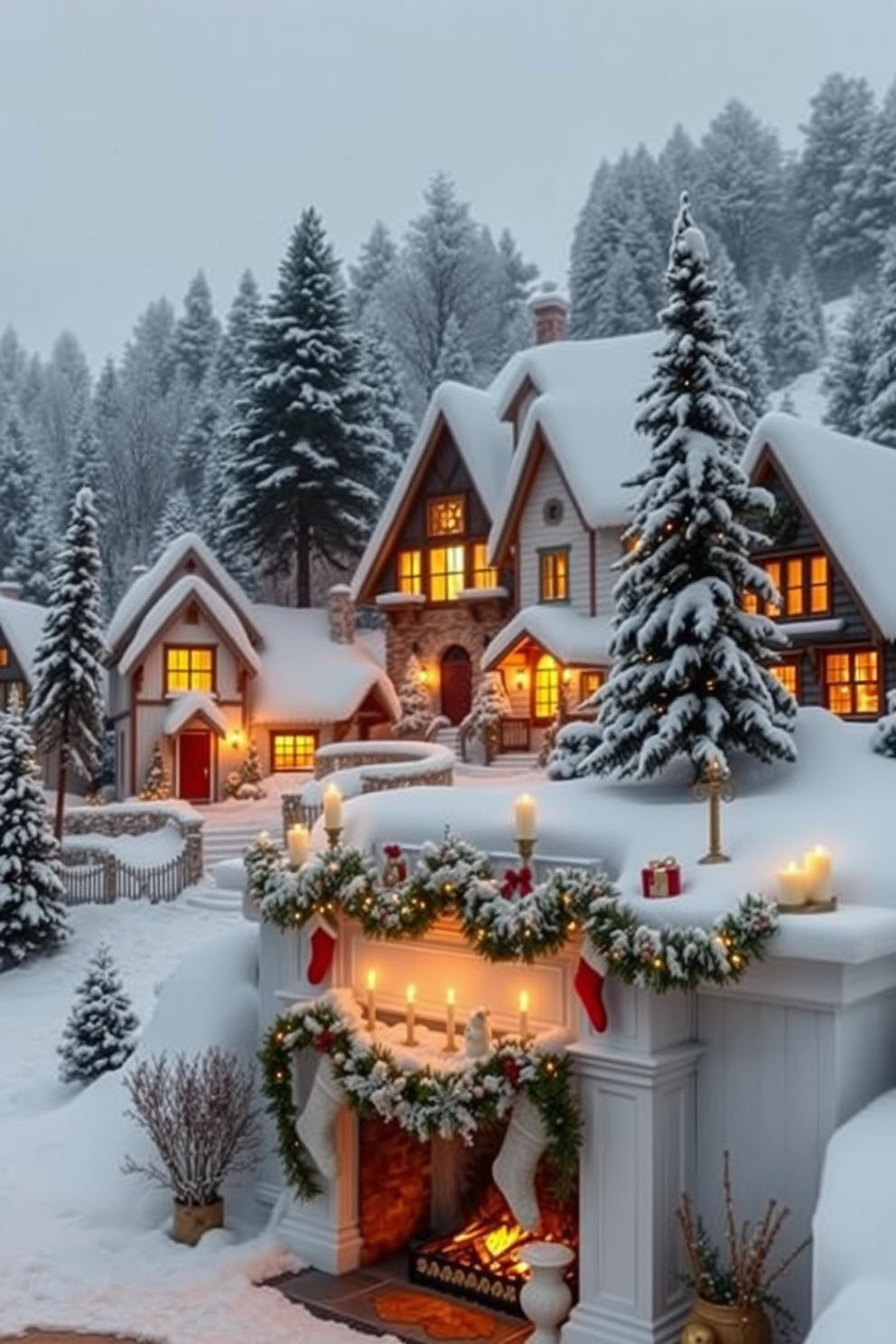 A cozy snowy village scene is beautifully arranged on the mantel, featuring charming miniature houses dusted with white snow. Twinkling fairy lights and evergreen garlands add a festive touch, while a classic fireplace crackles warmly in the background.