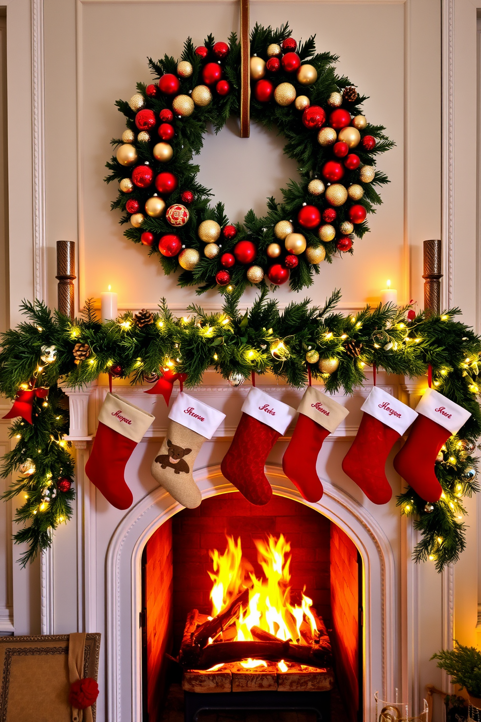 A large wreath adorned with red and gold ornaments hangs prominently above the fireplace, creating a stunning focal point in the room. The fireplace is elegantly decorated with garlands of pine and twinkling fairy lights, enhancing the festive atmosphere. Stockings in festive colors are hung from the mantel, each personalized and filled with small gifts. The warm glow of the fire complements the rich textures of the surrounding decor, inviting warmth and cheer into the space.