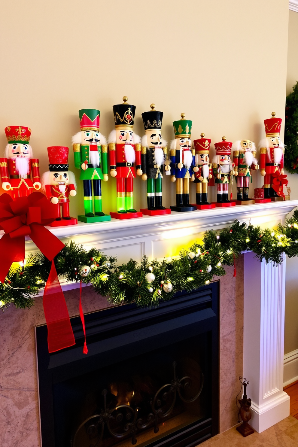 Colorful nutcrackers are meticulously arranged along the mantel, each one showcasing vibrant hues and intricate details. The fireplace below is adorned with festive garlands and twinkling lights, creating a warm and inviting atmosphere for the holiday season.