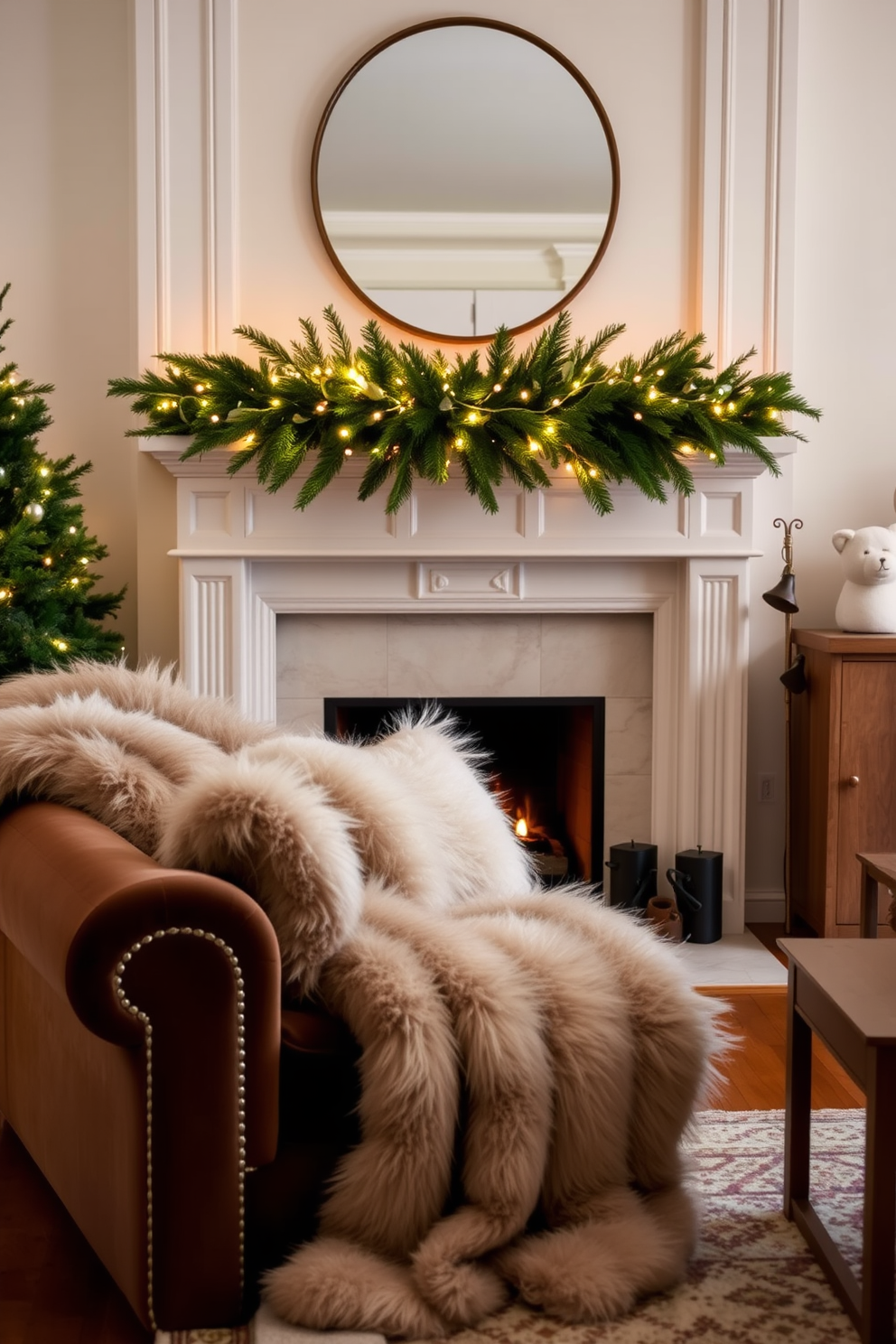 A cozy living room adorned with faux fur throws draped elegantly over a plush velvet sofa. The fireplace is beautifully decorated for Christmas, featuring a garland of pine branches and twinkling fairy lights above the mantel.