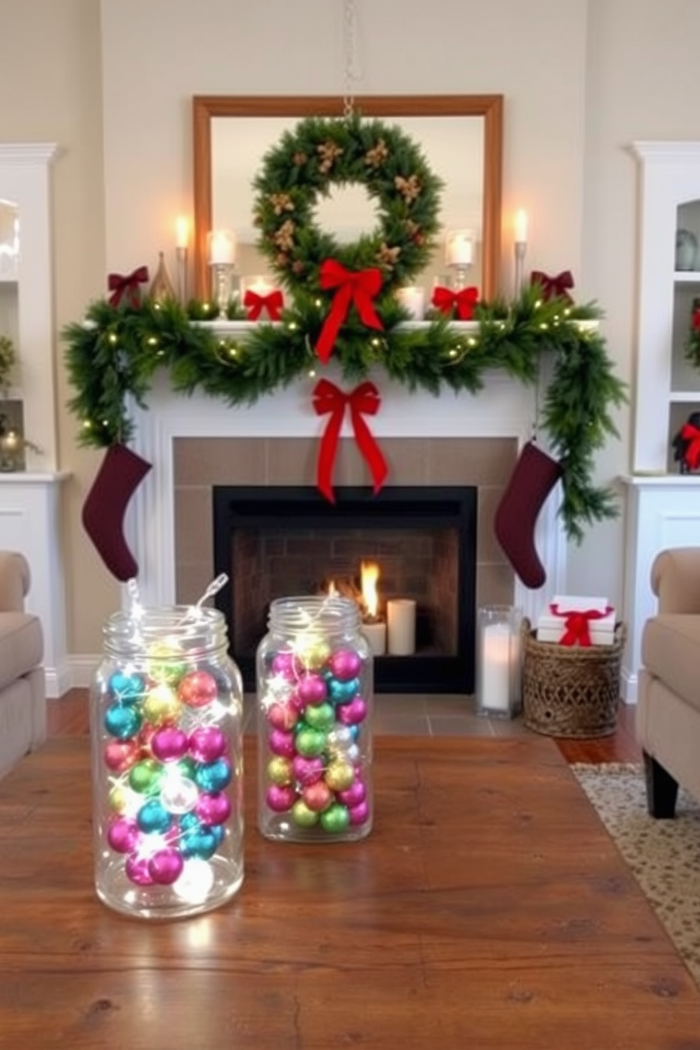 A cozy living room adorned with festive decorations. Glass jars filled with colorful ornaments and twinkling fairy lights are placed on a rustic wooden coffee table. A beautifully styled fireplace serves as the focal point of the room. It is decorated with evergreen garlands, red ribbons, and a few carefully arranged candles for a warm holiday ambiance.