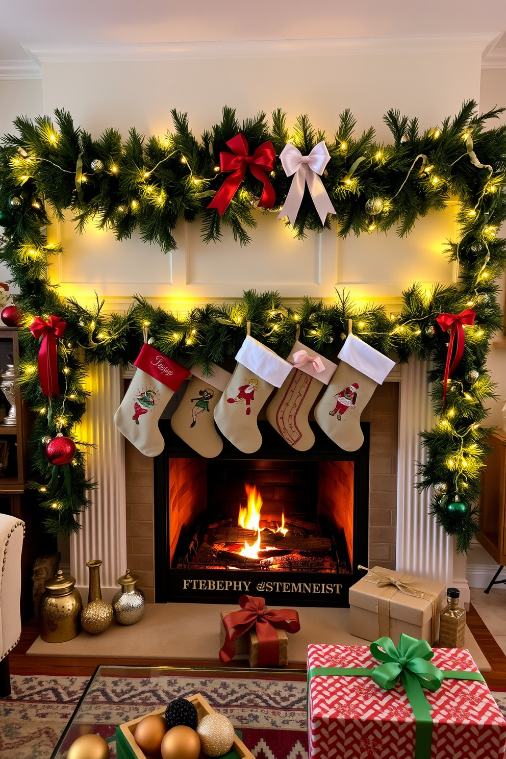 A cozy living room adorned for the holiday season. The fireplace is decorated with lush green garlands and twinkling fairy lights, creating a warm ambiance. Above the mantle, stockings are hung with colorful ribbons, each uniquely designed. The surrounding area features festive ornaments and a beautifully wrapped gift, adding to the Christmas spirit.