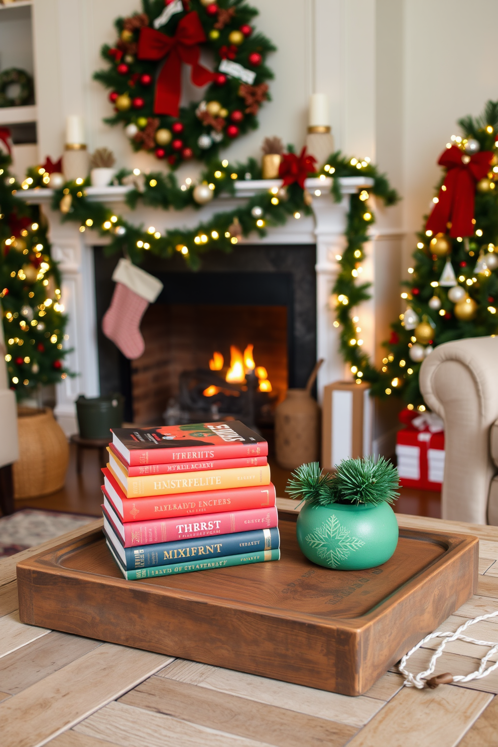 A cozy holiday-themed living room features a stack of colorful books arranged decoratively on a rustic wooden table. Nearby, a beautifully adorned fireplace is surrounded by festive decorations, including garlands and twinkling lights.